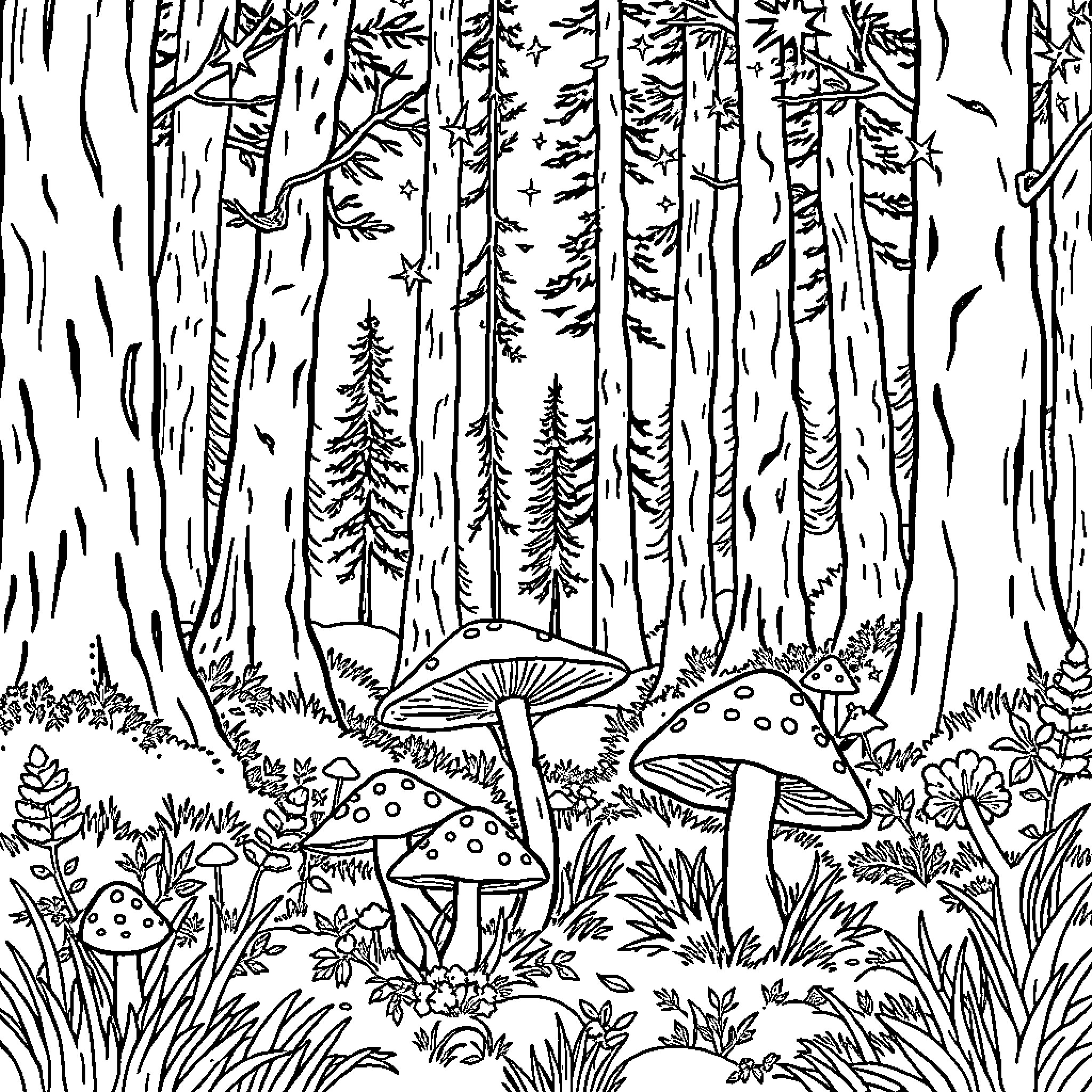 Mushroom forest with whimsical fungus Coloring Page (free black-and-white line drawing printable PDF for all, from beginners to advanced learners, including children, teens, adults, and seniors)