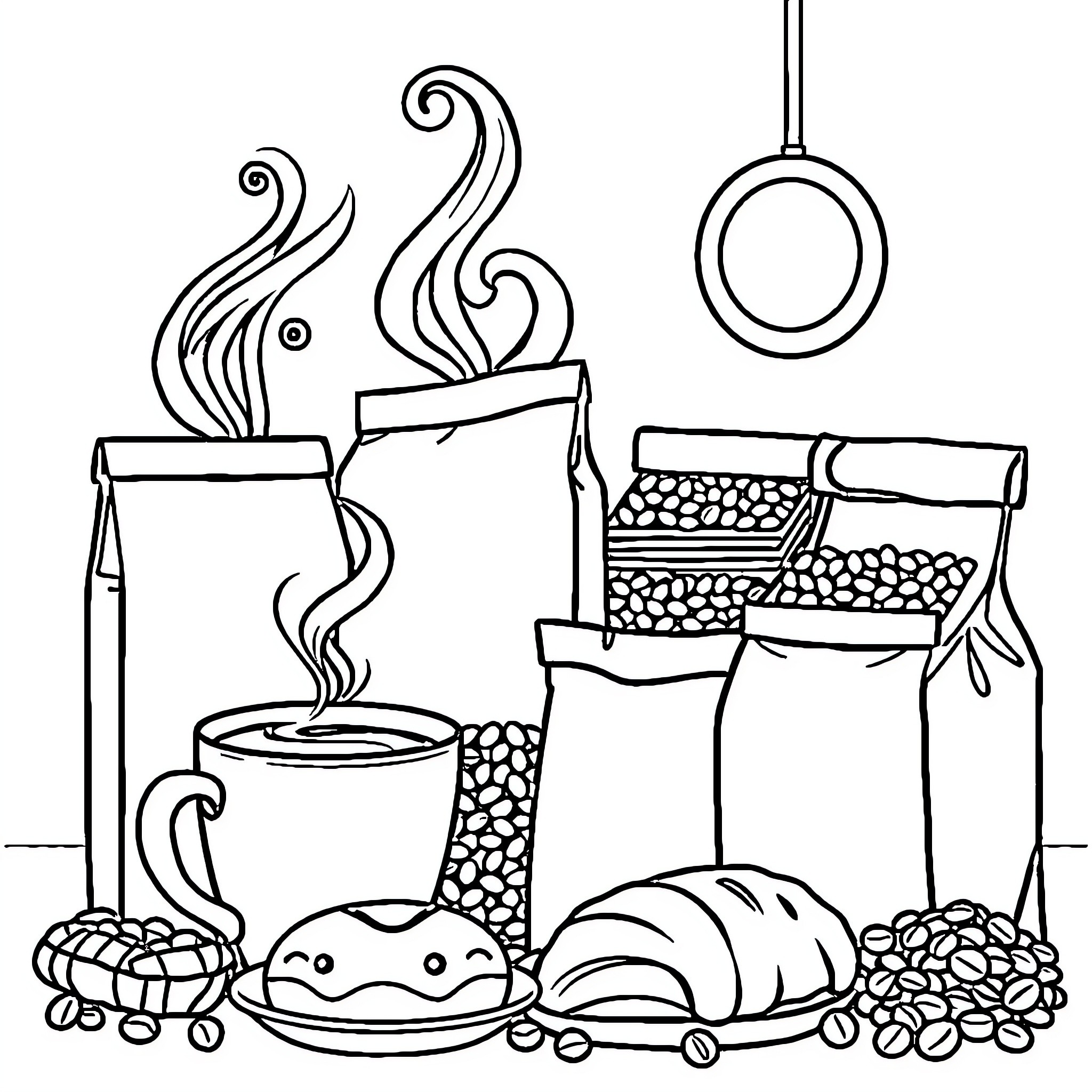 Coffee Shop Assortment with Baked Goods and Coffee Coloring Page (free black-and-white line drawing printable PDF for all, from beginners to advanced learners, including children, teens, adults, and seniors)