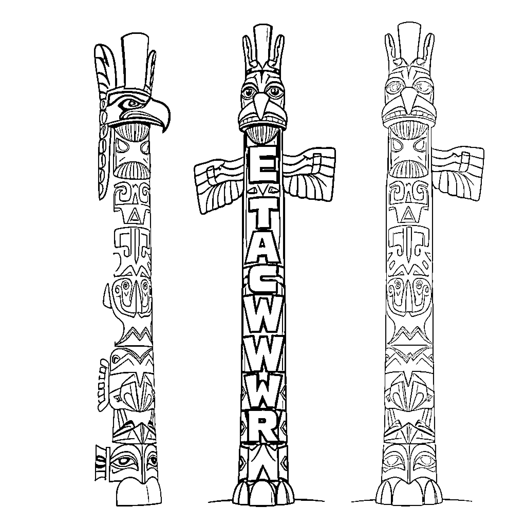 Totem Pole Depicting Tribal Figures and Symbols Coloring Page (free black-and-white line drawing printable PDF for all, from beginners to advanced learners, including children, teens, adults, and seniors)