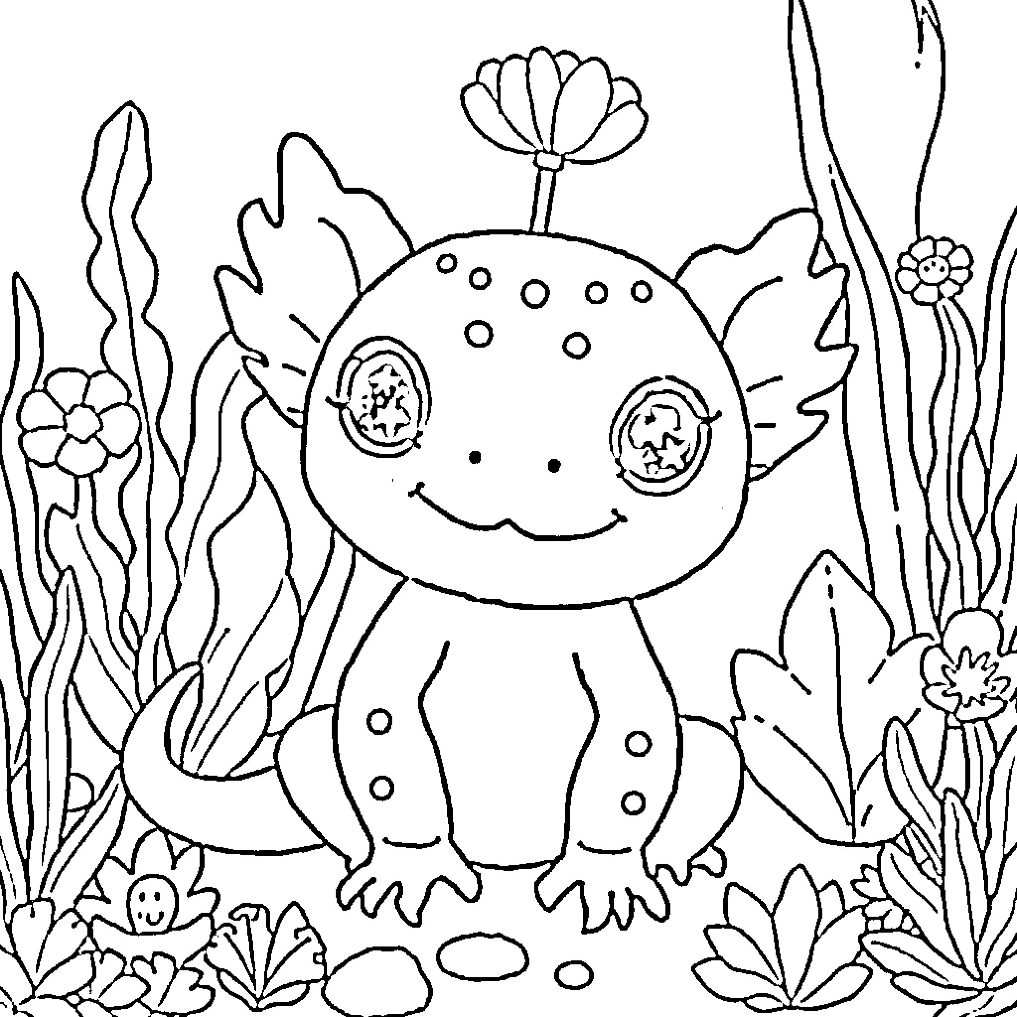 Axolotl exploring the enchanted aquatic garden Coloring Page (free black-and-white line drawing printable PDF for all, from beginners to advanced learners, including children, teens, adults, and seniors)