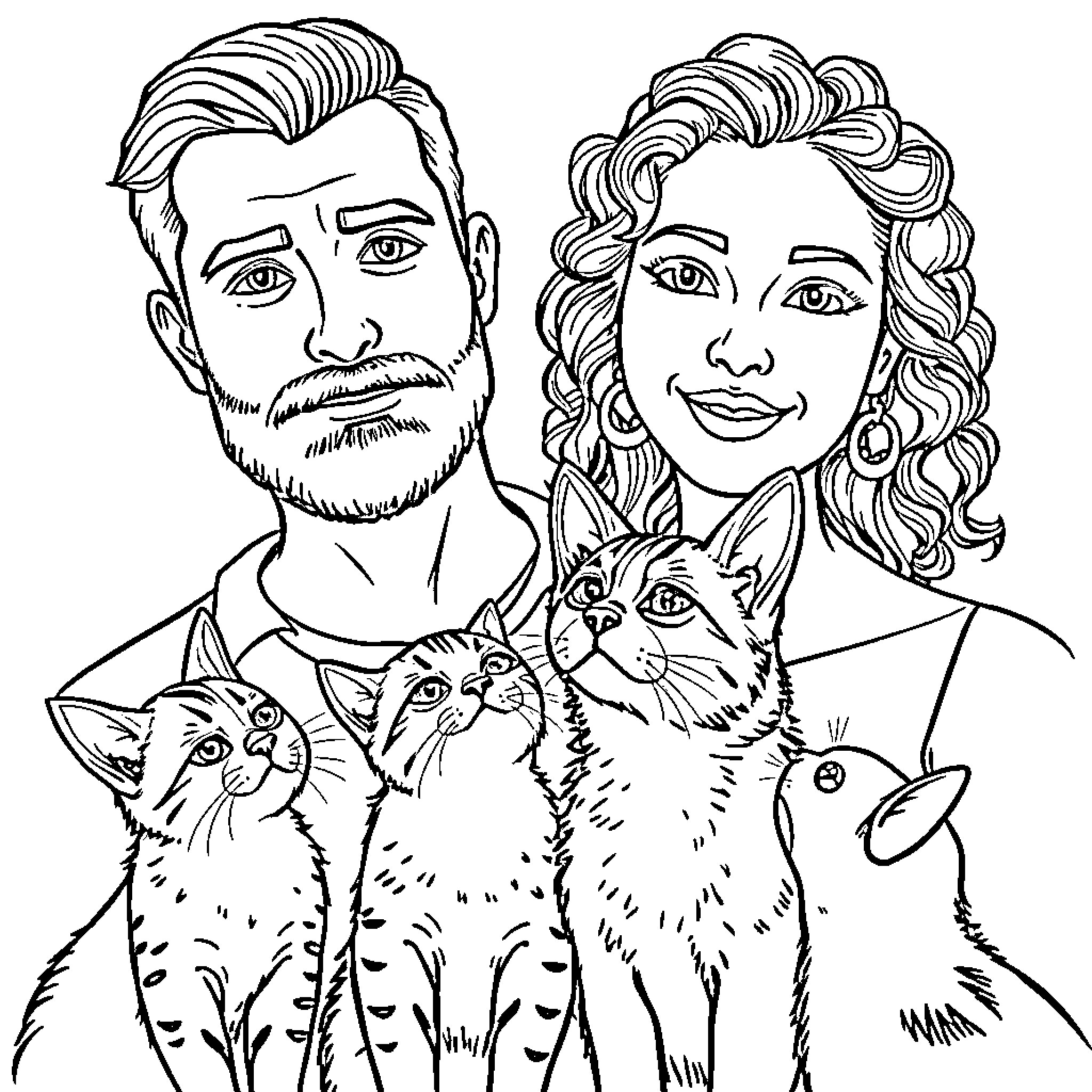 Person and partner posing with multiple pets Coloring Page (free black-and-white line drawing printable PDF for all, from beginners to advanced learners, including children, teens, adults, and seniors)