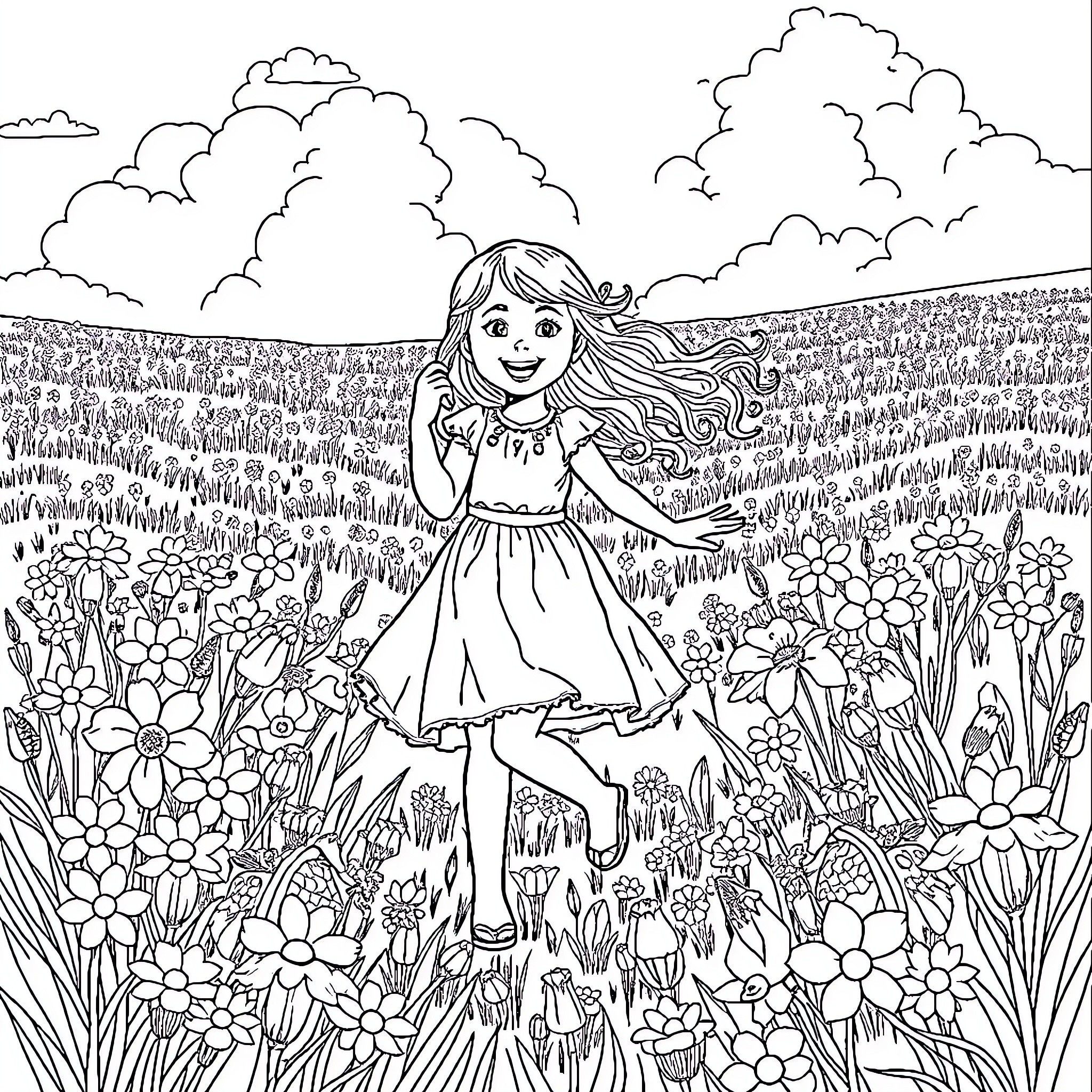 Girl exploring a vibrant flower field Coloring Page (free black-and-white line drawing printable PDF for all, from beginners to advanced learners, including children, teens, adults, and seniors)