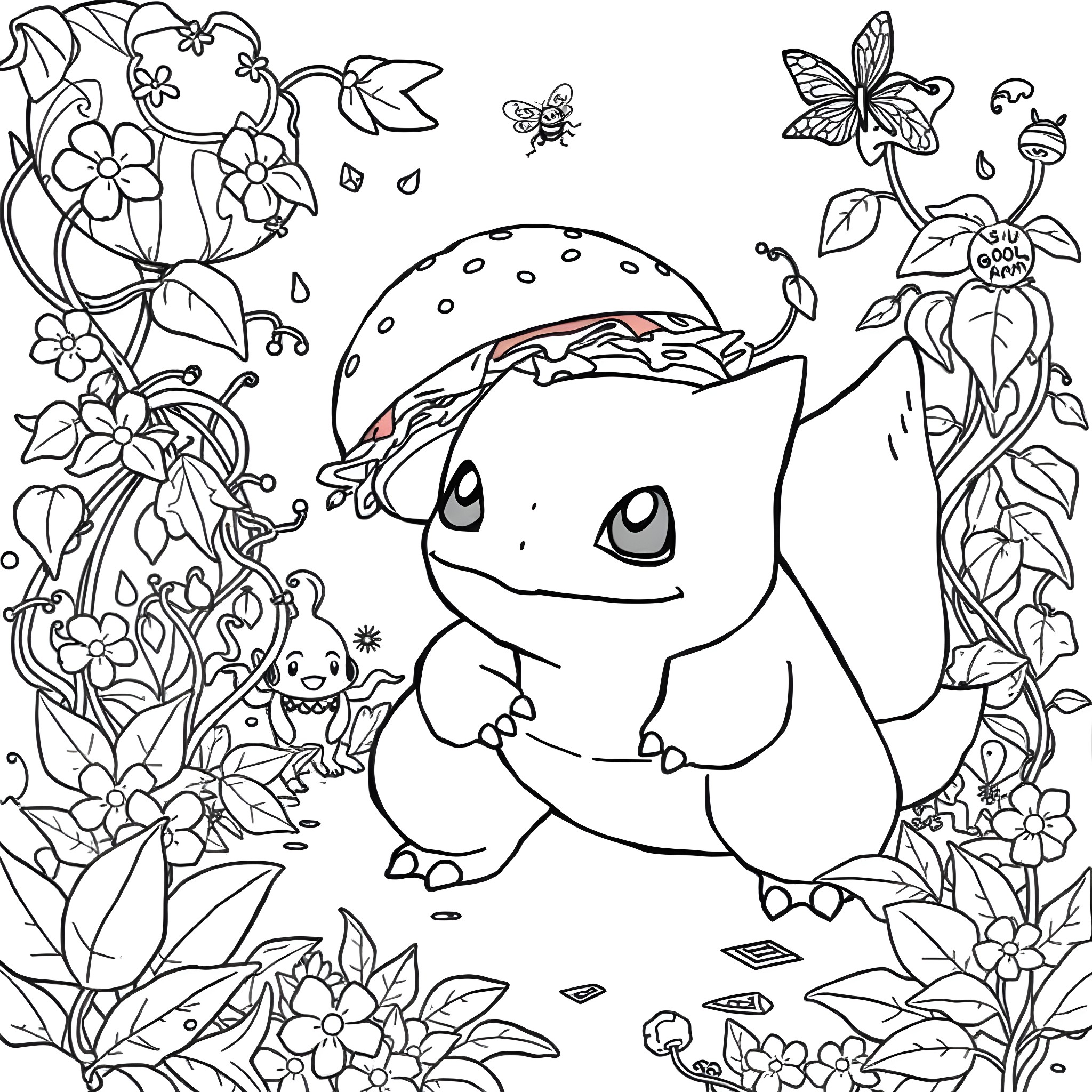Bulbasaur exploring a floral garden Coloring Page (free black-and-white line drawing printable PDF for all, from beginners to advanced learners, including children, teens, adults, and seniors)