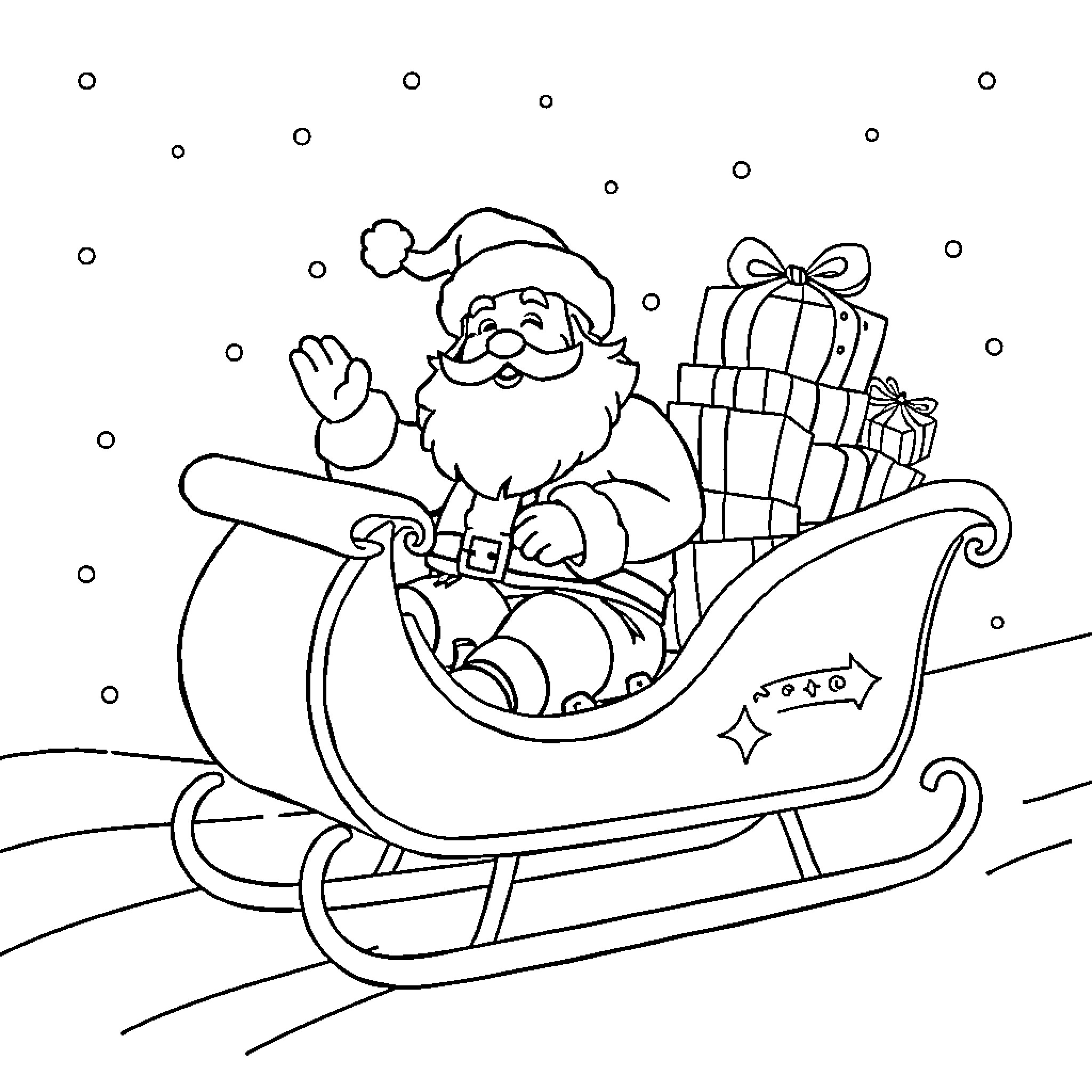 Santa waving in his sleigh with gifts Coloring Page (free black-and-white line drawing printable PDF for all, from beginners to advanced learners, including children, teens, adults, and seniors)