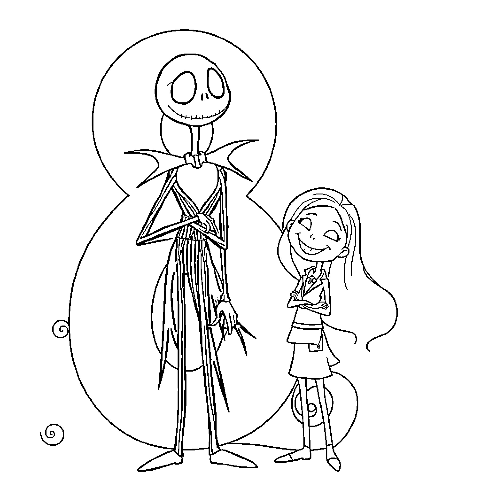 Jack Skellington and Sally in spooky Halloween scene Coloring Page (free black-and-white line drawing printable PDF for all, from beginners to advanced learners, including children, teens, adults, and seniors)
