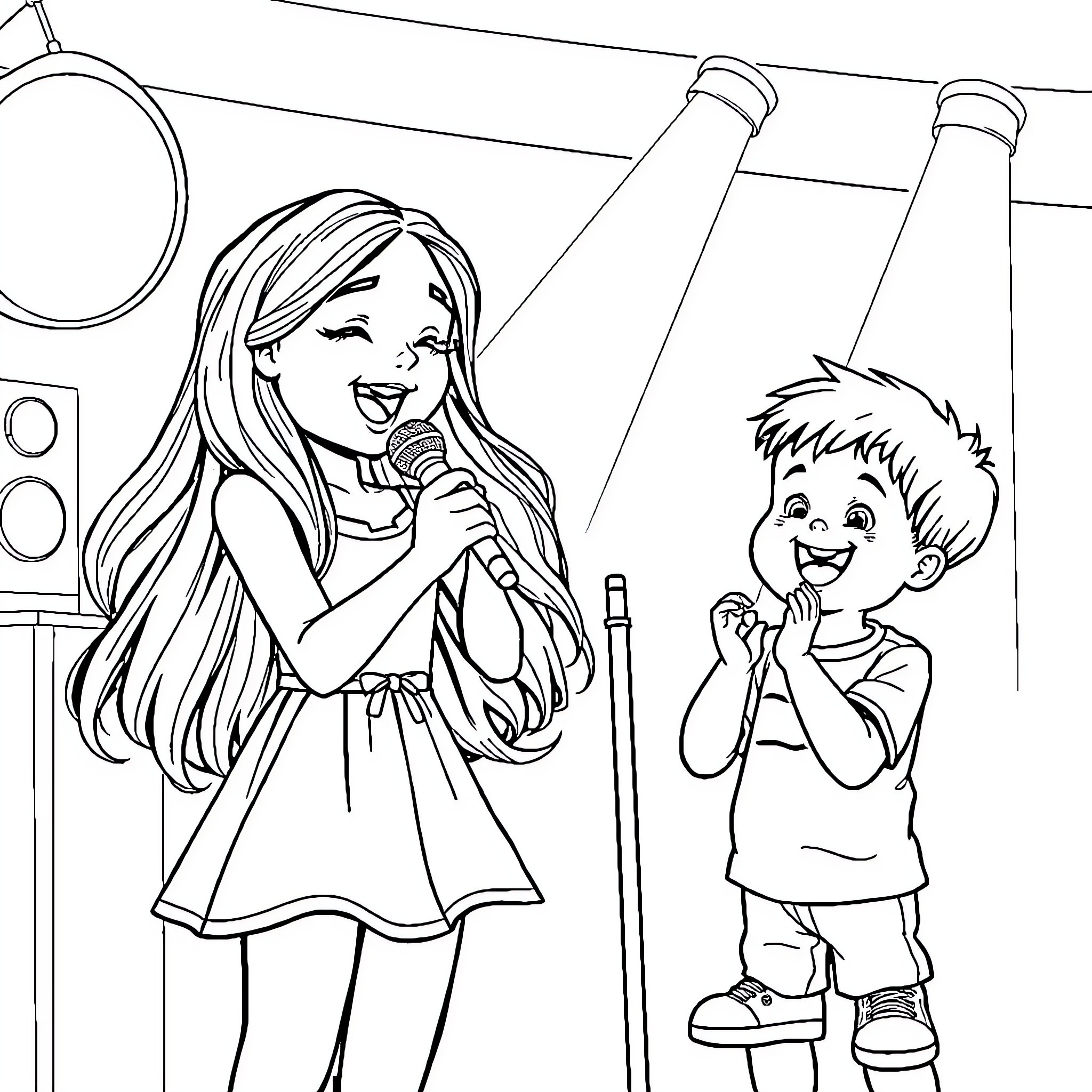 Girl Singing on Stage with Young Fan Coloring Page (free black-and-white line drawing printable PDF for all, from beginners to advanced learners, including children, teens, adults, and seniors)