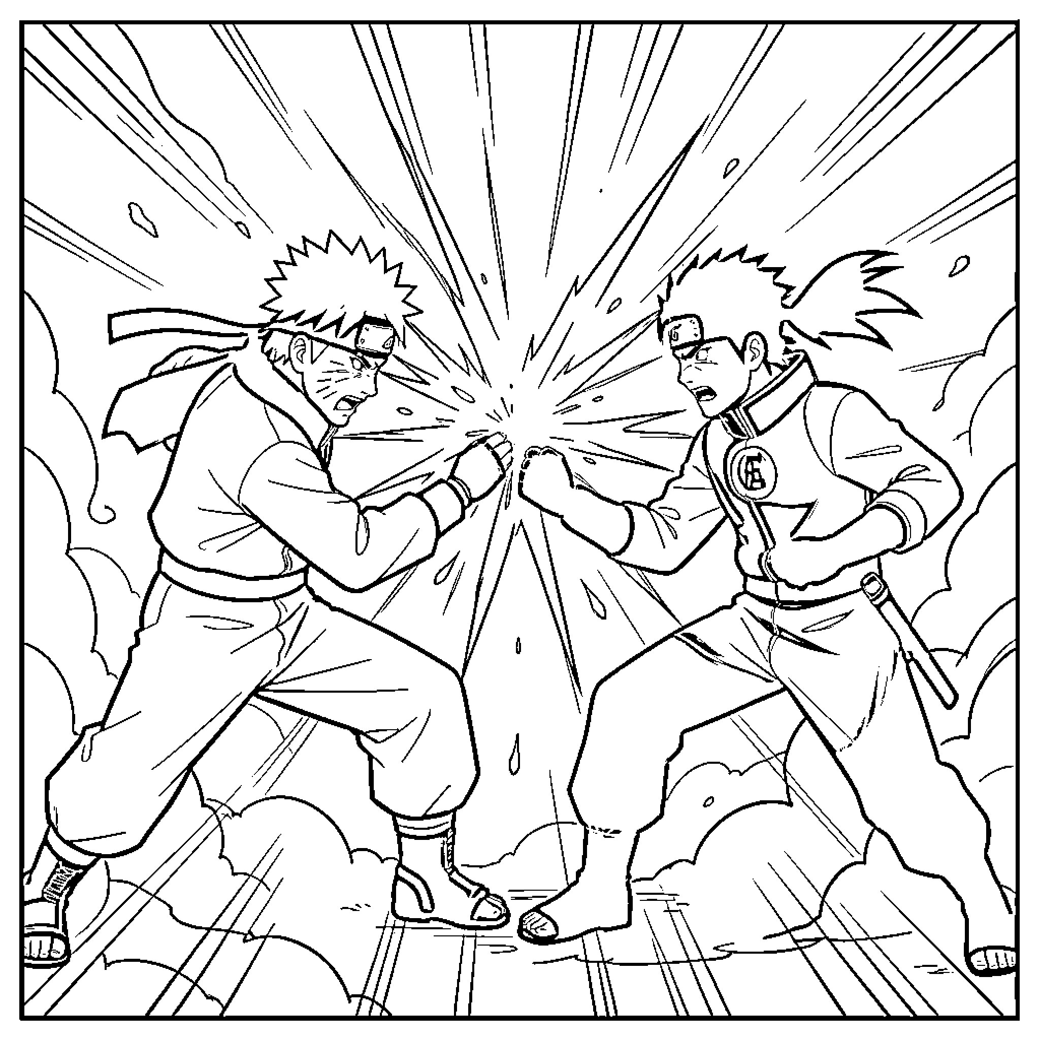 Naruto Characters Engaged in Intense Battle Coloring Page (free black-and-white line drawing printable PDF for all, from beginners to advanced learners, including children, teens, adults, and seniors)