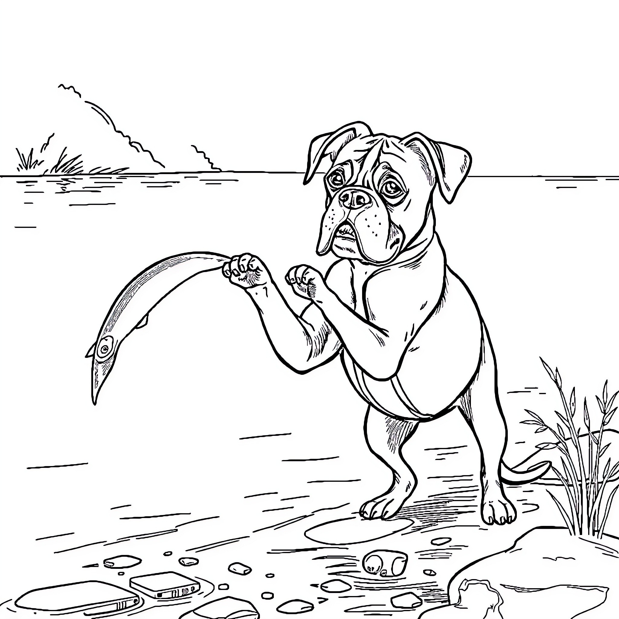 Boxer dog playing with fish by the lakeside Coloring Page (free black-and-white line drawing printable PDF for all, from beginners to advanced learners, including children, teens, adults, and seniors)