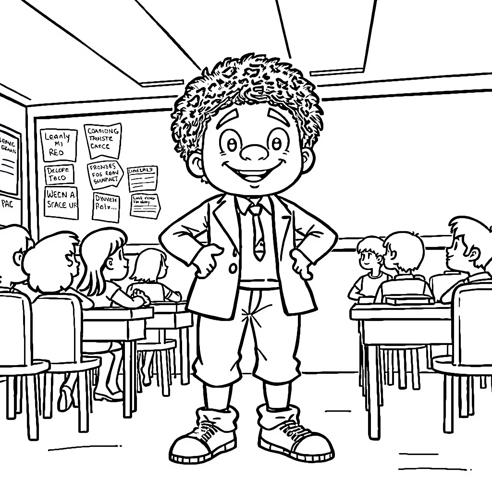 Makinson's Cheerful Classroom Adventure Coloring Page (free black-and-white line drawing printable PDF for all, from beginners to advanced learners, including children, teens, adults, and seniors)