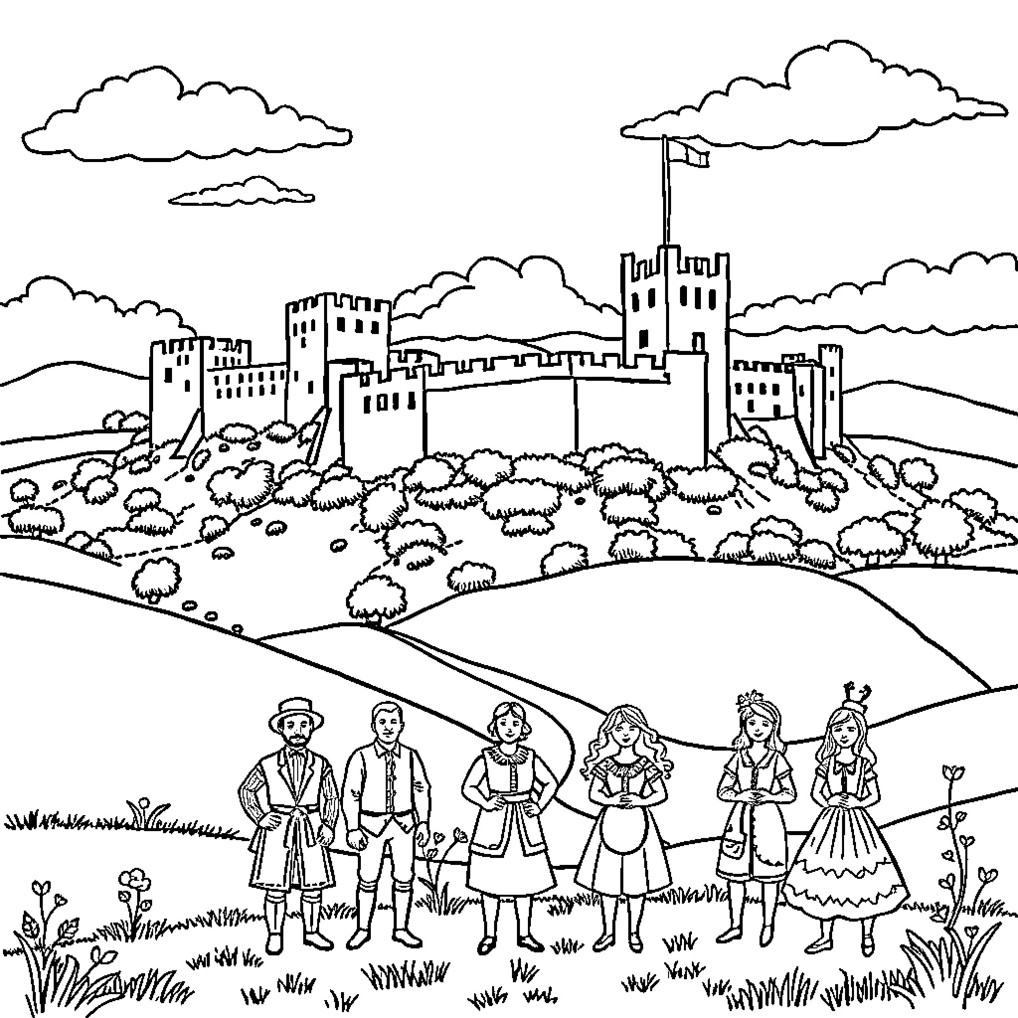 England Medieval Castle and Villagers Gathering Coloring Page (free black-and-white line drawing printable PDF for all, from beginners to advanced learners, including children, teens, adults, and seniors)
