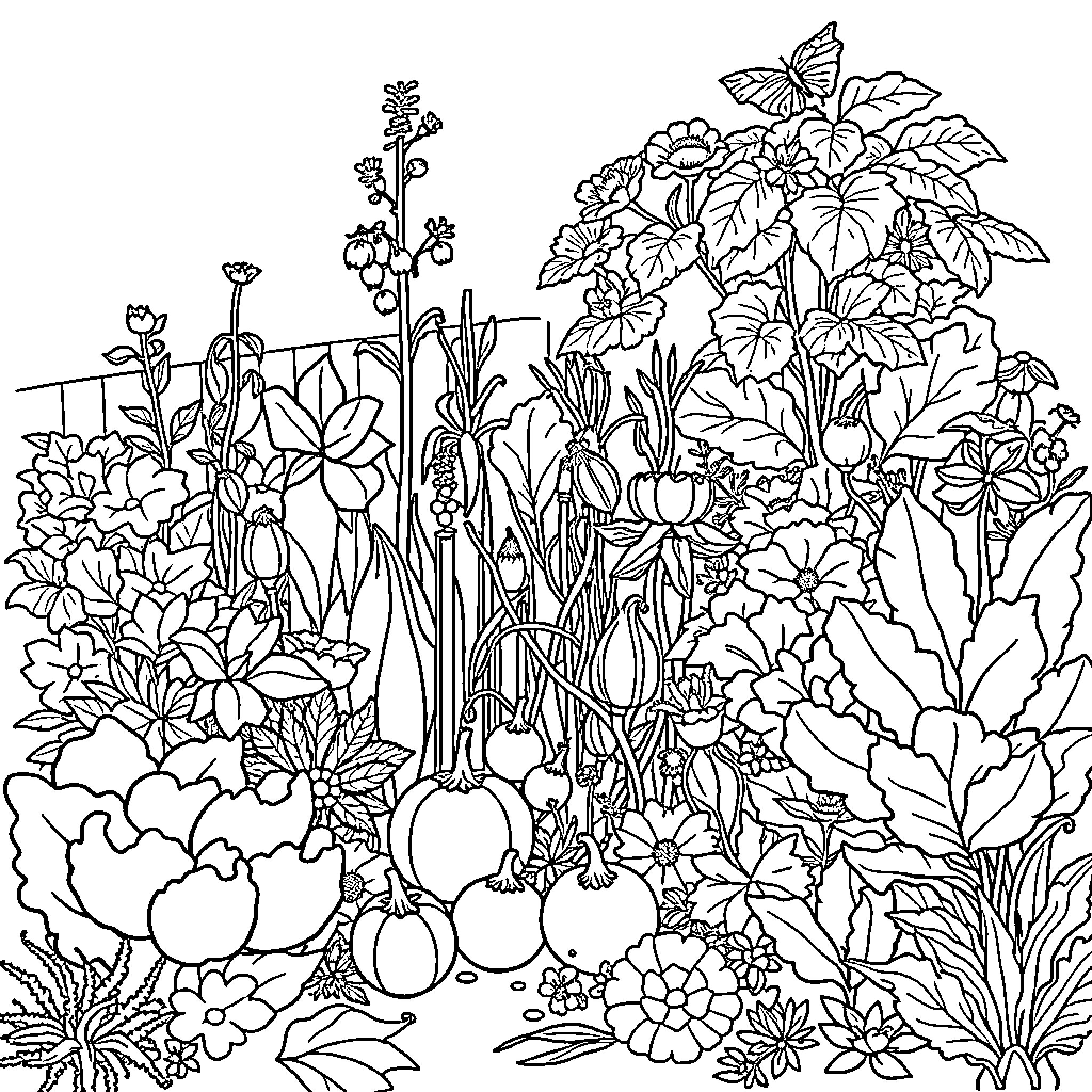 Garden Filled with Diverse Flowers and Vegetation Coloring Page (free black-and-white line drawing printable PDF for all, from beginners to advanced learners, including children, teens, adults, and seniors)