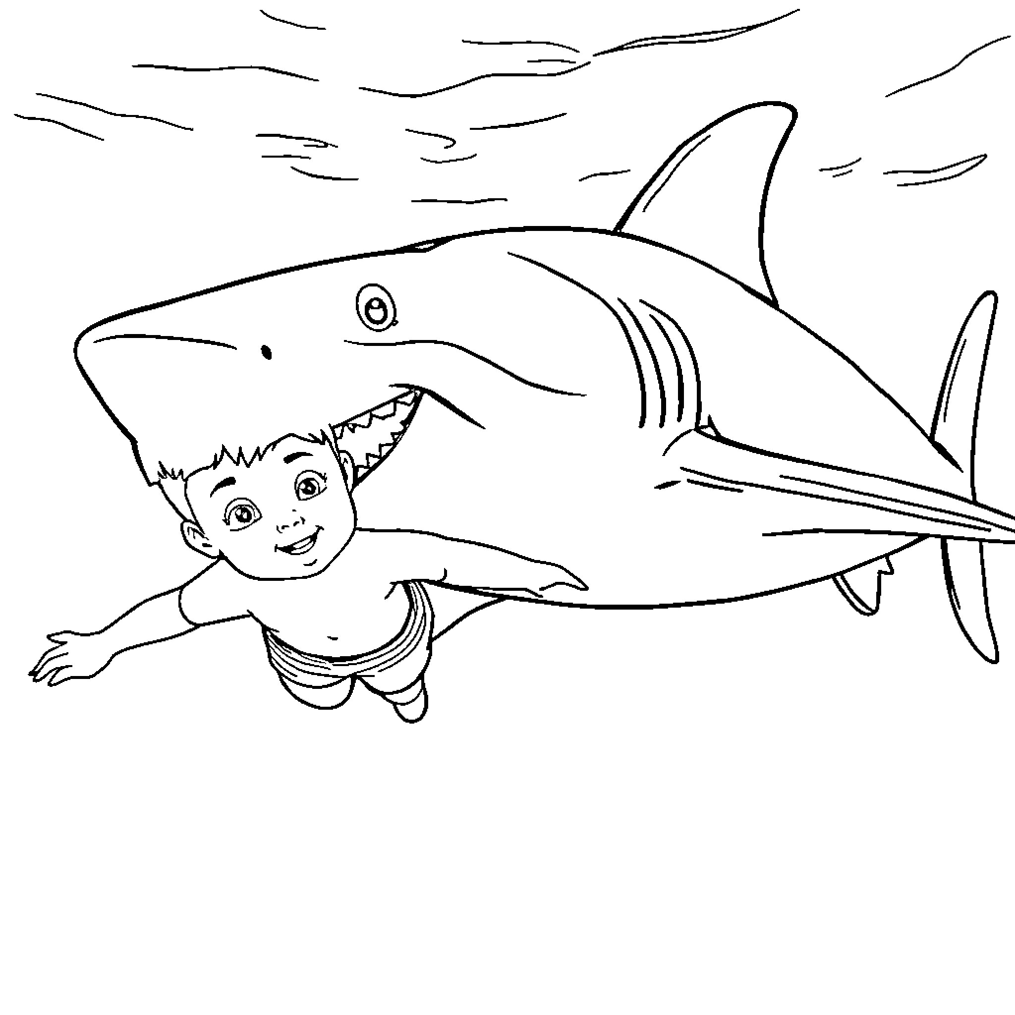 Boy playing joyfully with shark in the sea Coloring Page (free black-and-white line drawing printable PDF for all, from beginners to advanced learners, including children, teens, adults, and seniors)