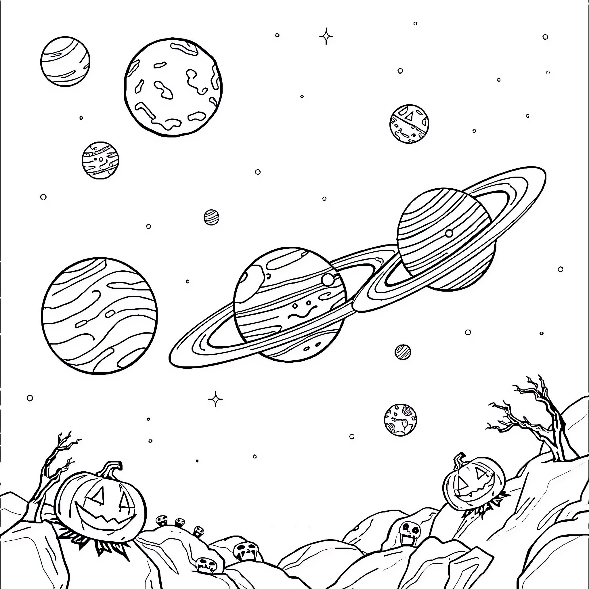 Planet Exploration in the Cosmic Landscape Coloring Page (free black-and-white line drawing printable PDF for all, from beginners to advanced learners, including children, teens, adults, and seniors)