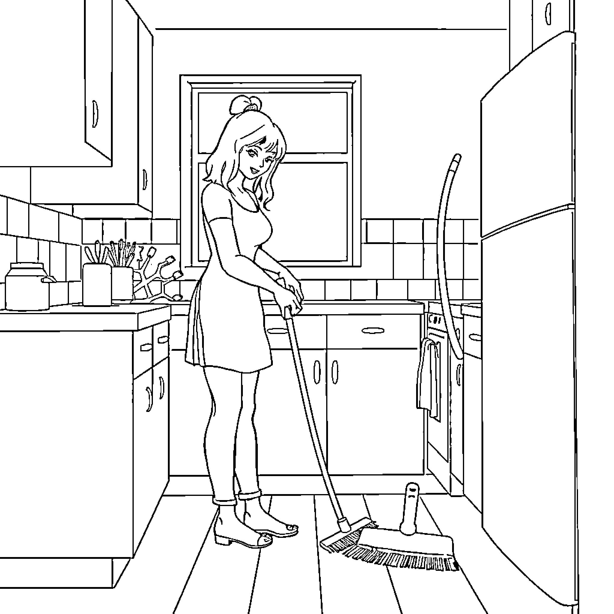 Wife cleaning kitchen diligently Coloring Page (free black-and-white line drawing printable PDF for all, from beginners to advanced learners, including children, teens, adults, and seniors)
