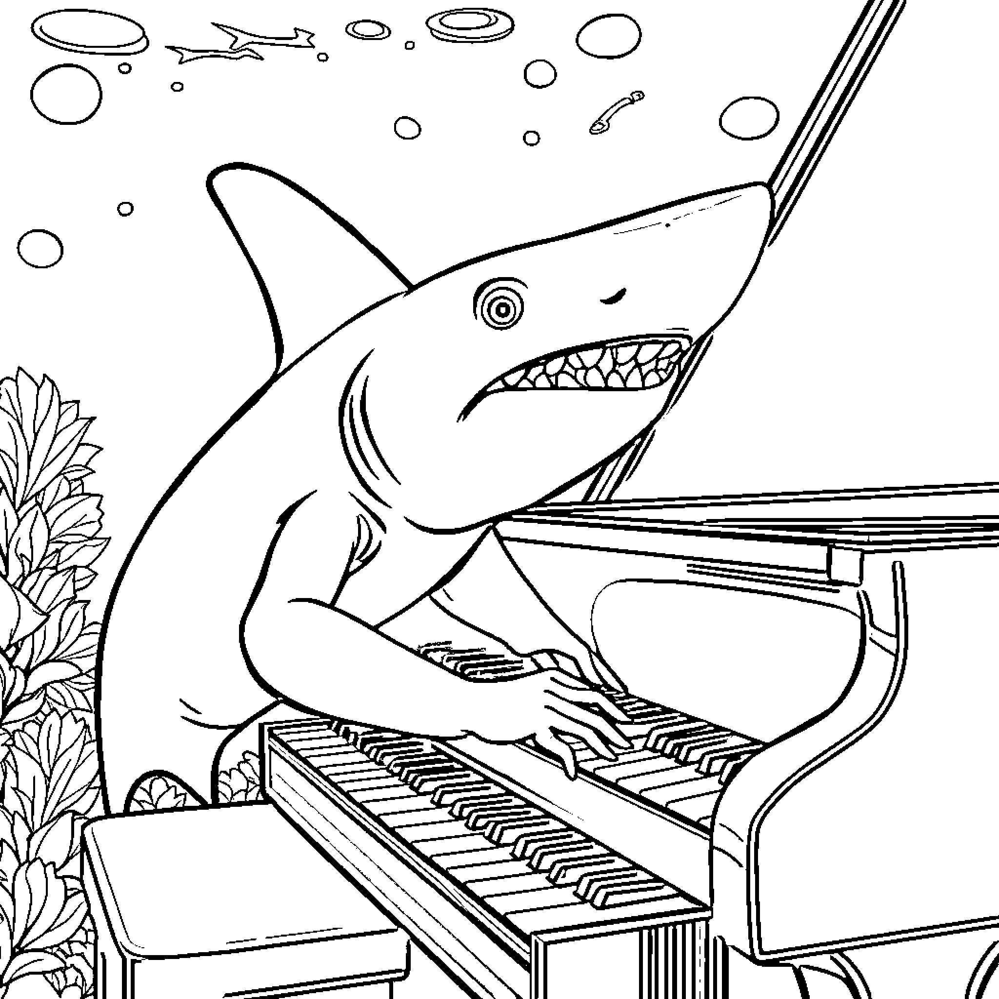 Hammerhead Shark Playing Piano Underwater Coloring Page (free black-and-white line drawing printable PDF for all, from beginners to advanced learners, including children, teens, adults, and seniors)