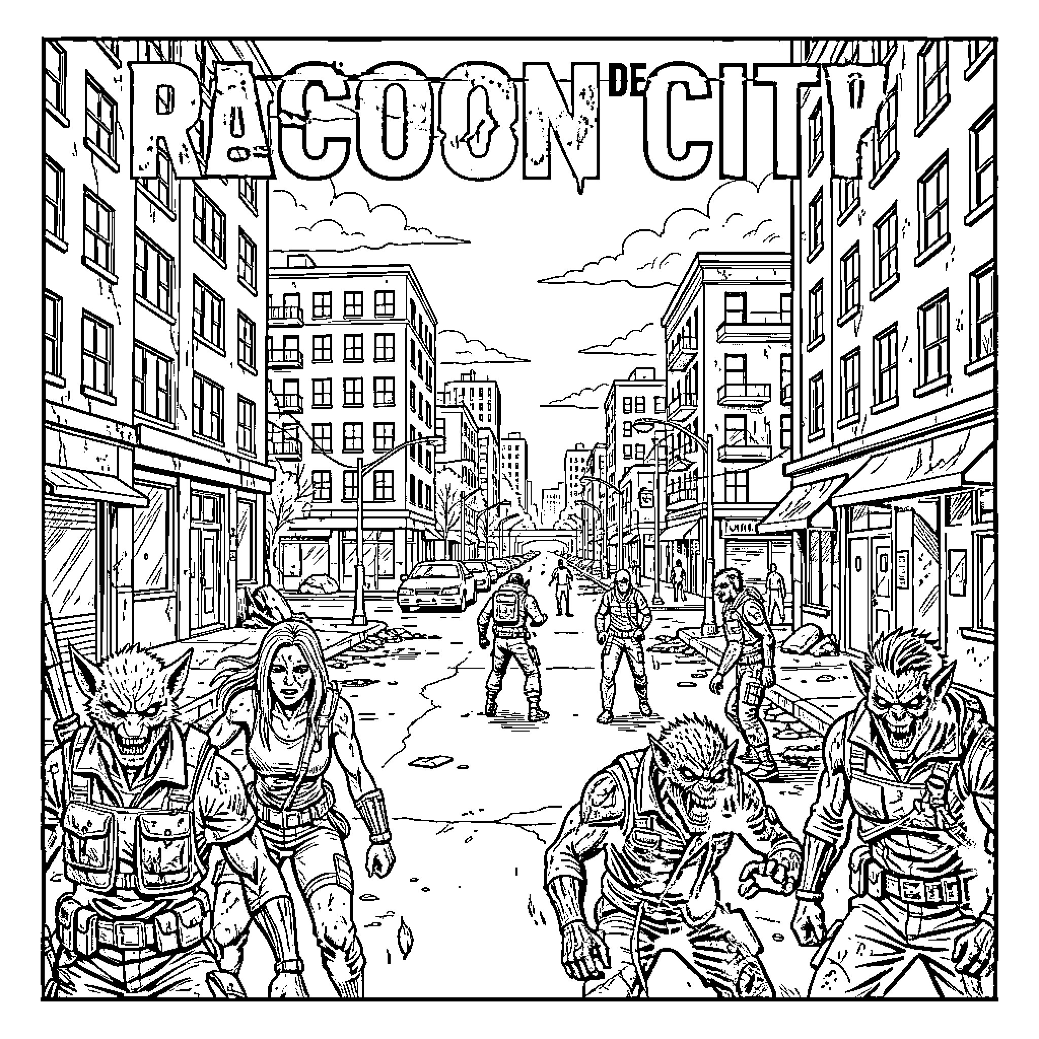 Raccoon City streets filled with zombies and survivors Coloring Page (free black-and-white line drawing printable PDF for all, from beginners to advanced learners, including children, teens, adults, and seniors)