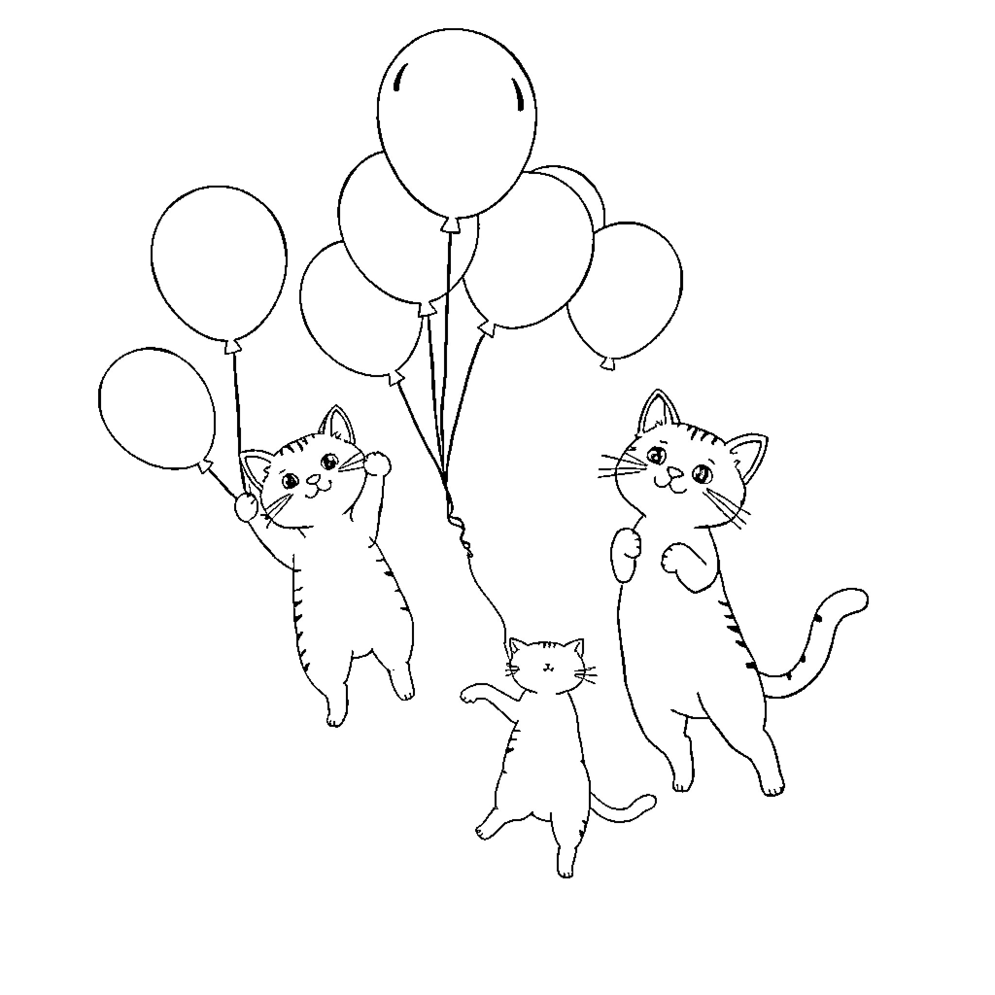 Cats Playing with Balloons Coloring Page (free black-and-white line drawing printable PDF for all, from beginners to advanced learners, including children, teens, adults, and seniors)