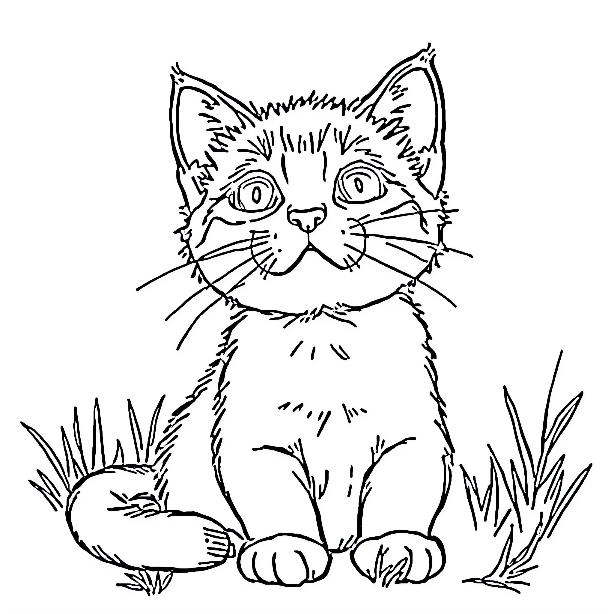 Kitten sitting curiously in the grass Coloring Page (free black-and-white line drawing printable PDF for all, from beginners to advanced learners, including children, teens, adults, and seniors)