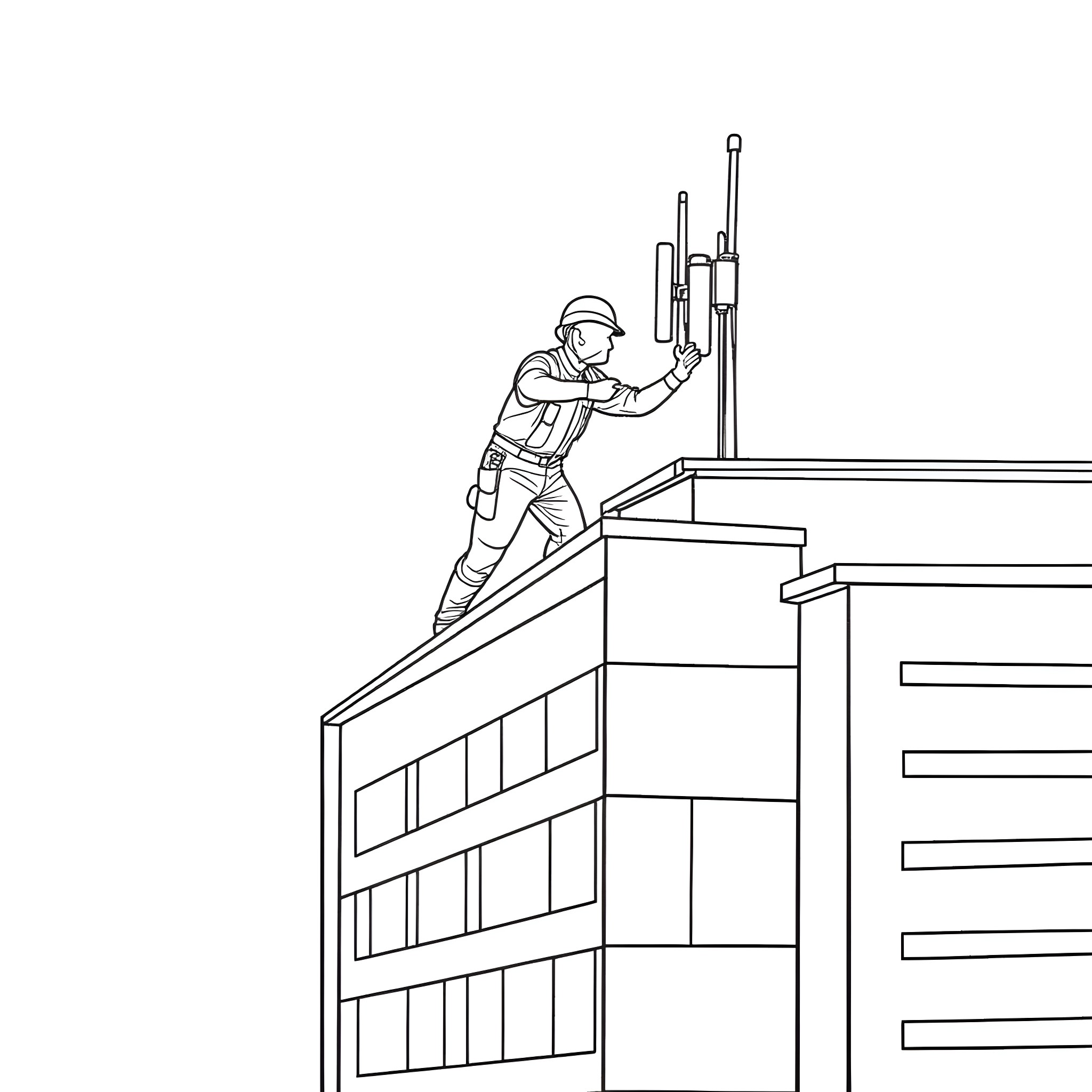 Technician inspecting equipment on building exterior Coloring Page (free black-and-white line drawing printable PDF for all, from beginners to advanced learners, including children, teens, adults, and seniors)