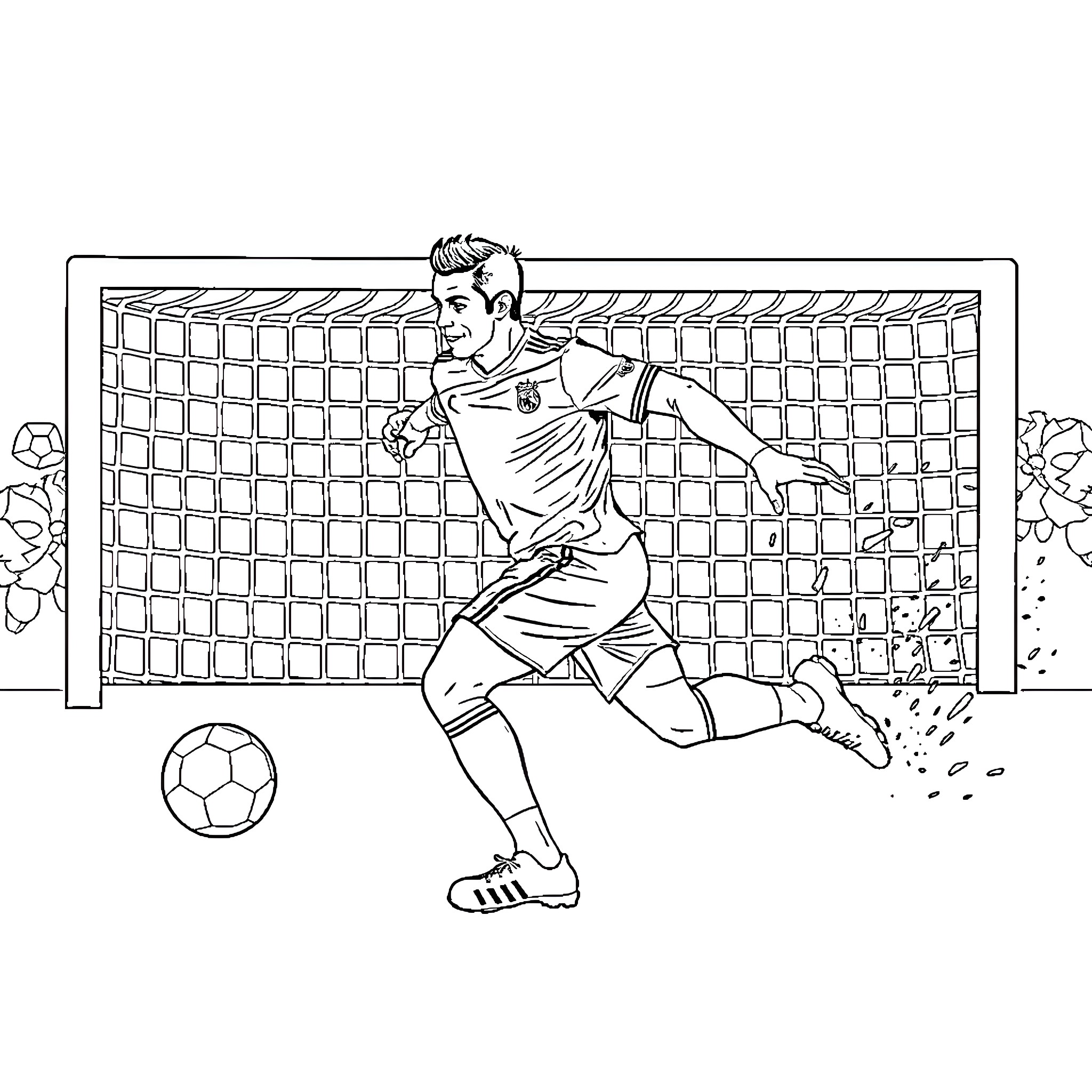 Cristiano Ronaldo soccer player in action Coloring Page (free black-and-white line drawing printable PDF for all, from beginners to advanced learners, including children, teens, adults, and seniors)