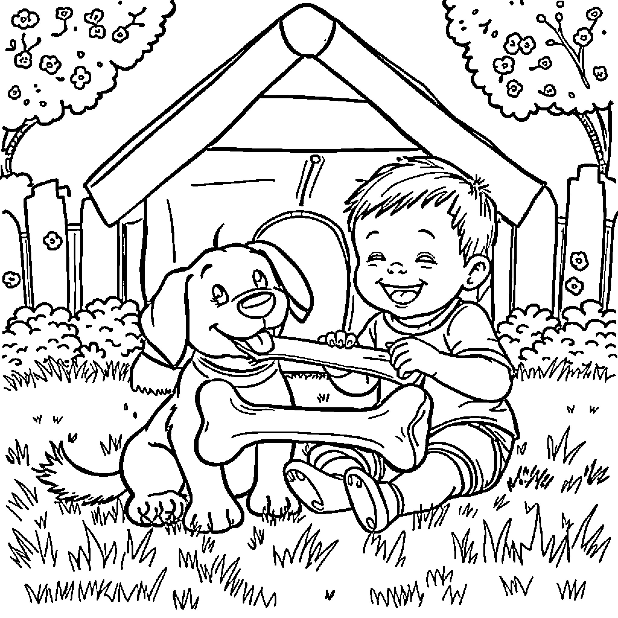 Dog and boy playing happily in the tent Coloring Page (free black-and-white line drawing printable PDF for all, from beginners to advanced learners, including children, teens, adults, and seniors)
