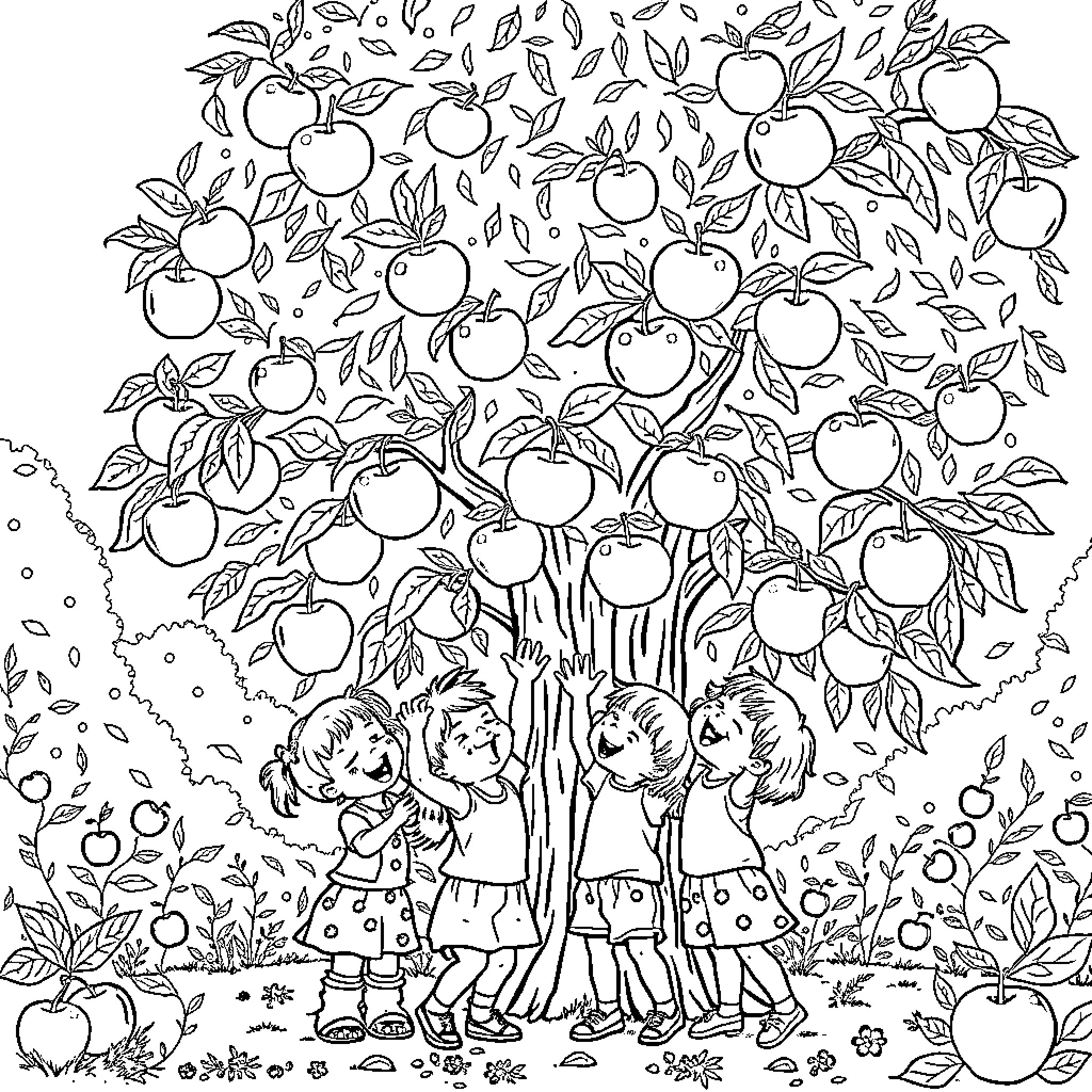 Apple Tree with Children Playing Beneath Coloring Page (free black-and-white line drawing printable PDF for all, from beginners to advanced learners, including children, teens, adults, and seniors)