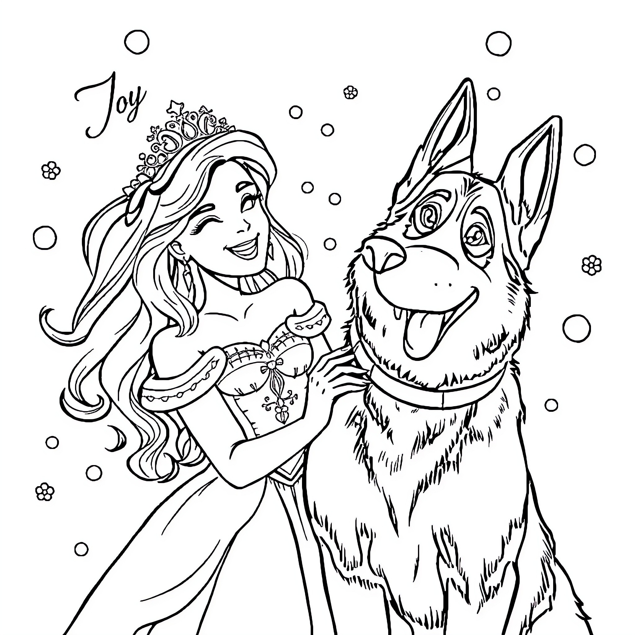 Princess joyfully embracing her loyal canine companion Coloring Page (free black-and-white line drawing printable PDF for all, from beginners to advanced learners, including children, teens, adults, and seniors)