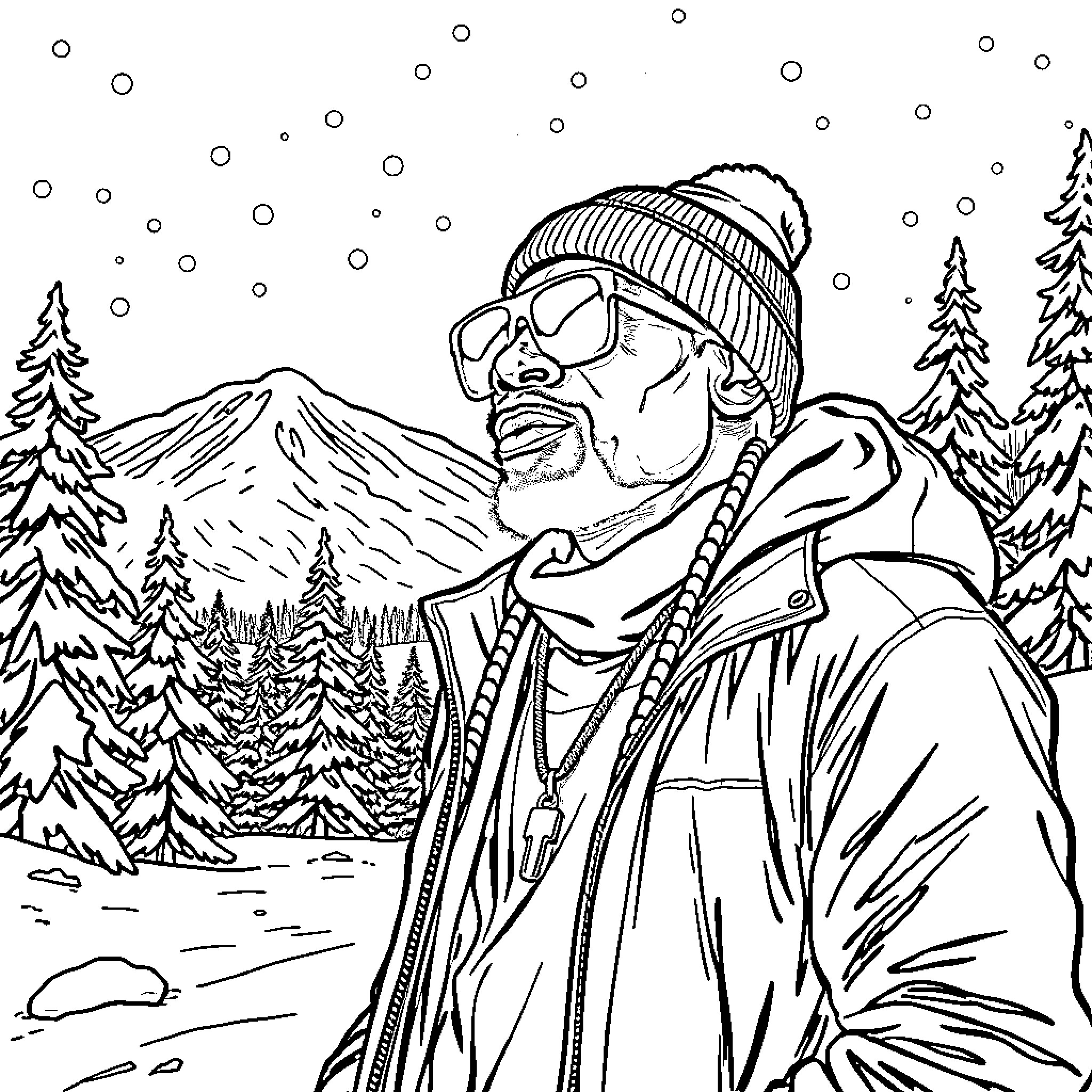 Snoop Dogg's Snowy Mountain Adventure Coloring Page (free black-and-white line drawing printable PDF for all, from beginners to advanced learners, including children, teens, adults, and seniors)