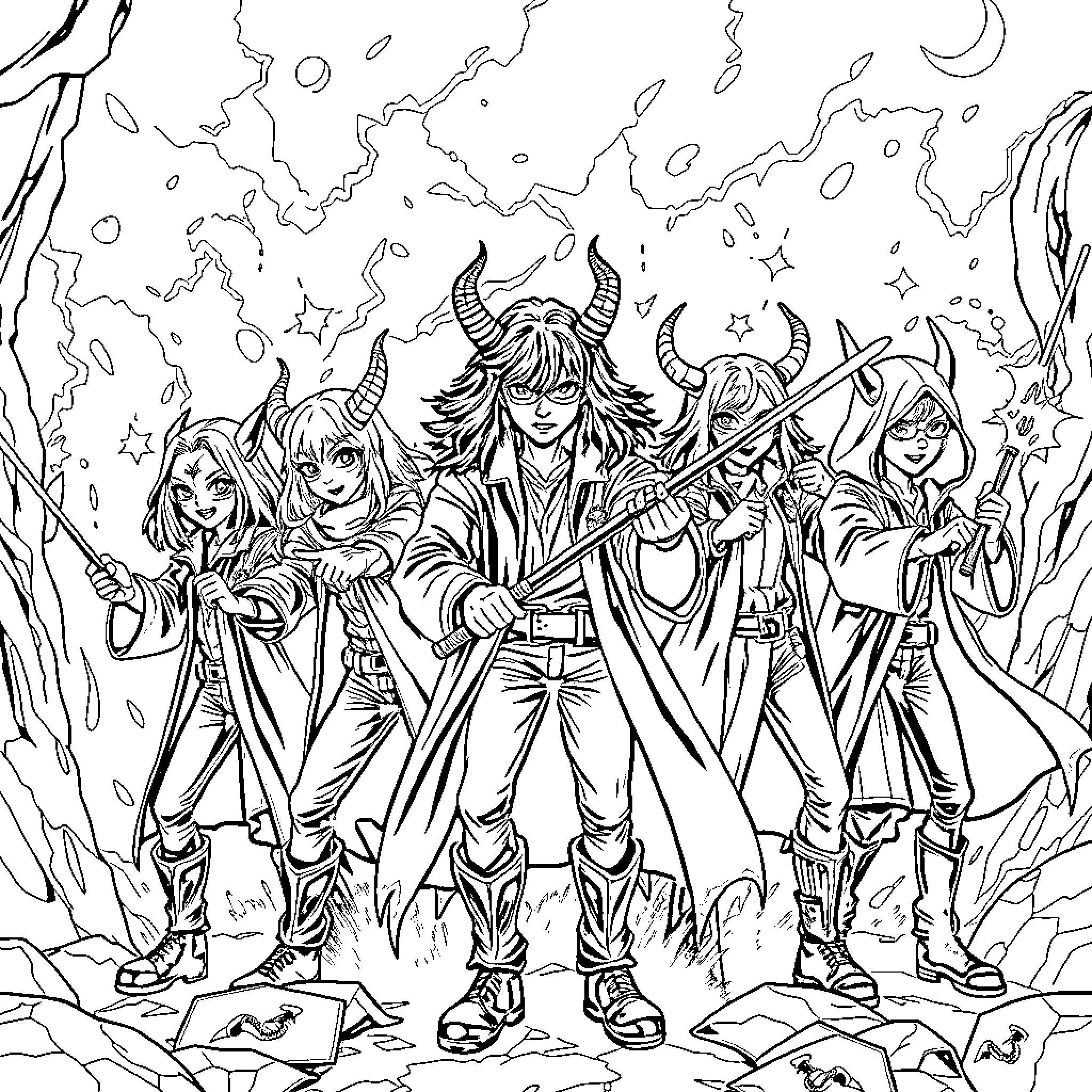 Demon Hunter Group Wielding Weapons in Epic Battle Coloring Page (free black-and-white line drawing printable PDF for all, from beginners to advanced learners, including children, teens, adults, and seniors)