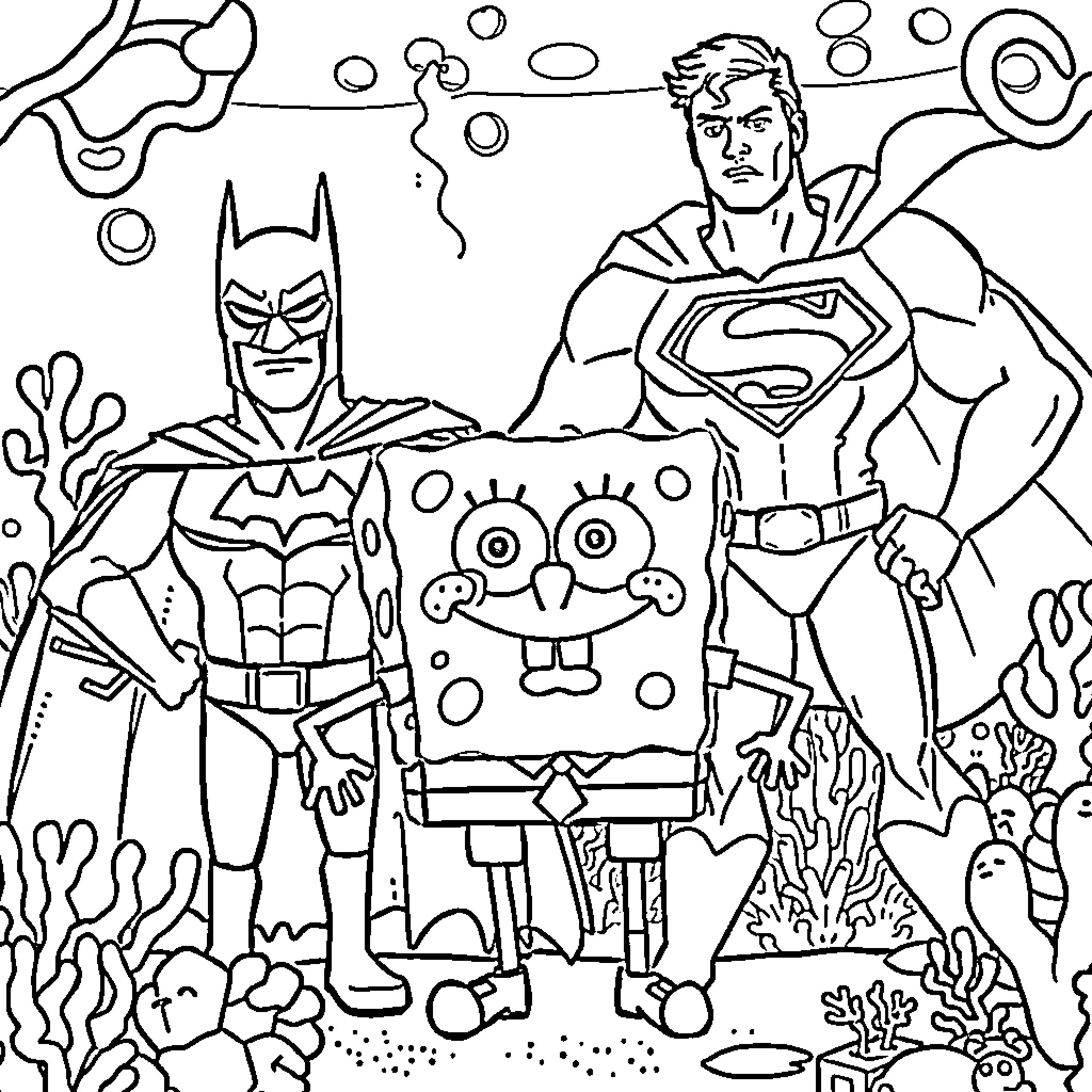 Spongebob, Batman, and Superman in an underwater scene Coloring Page (free black-and-white line drawing printable PDF for all, from beginners to advanced learners, including children, teens, adults, and seniors)