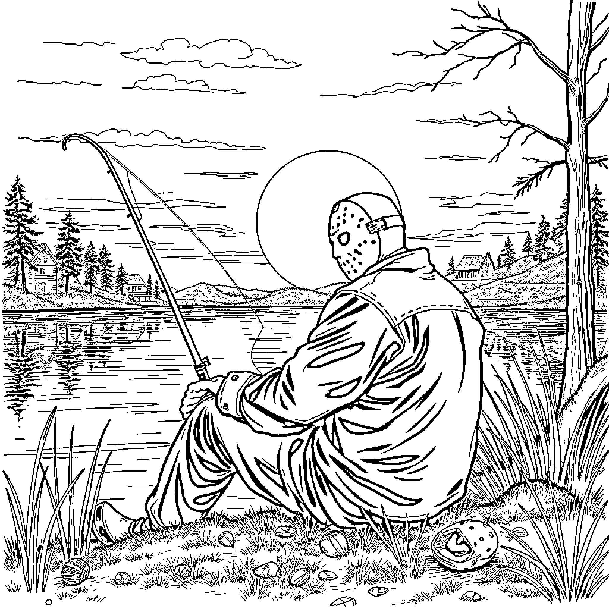 Jason Vorhees fishing by the lake on a serene night Coloring Page (free black-and-white line drawing printable PDF for all, from beginners to advanced learners, including children, teens, adults, and seniors)