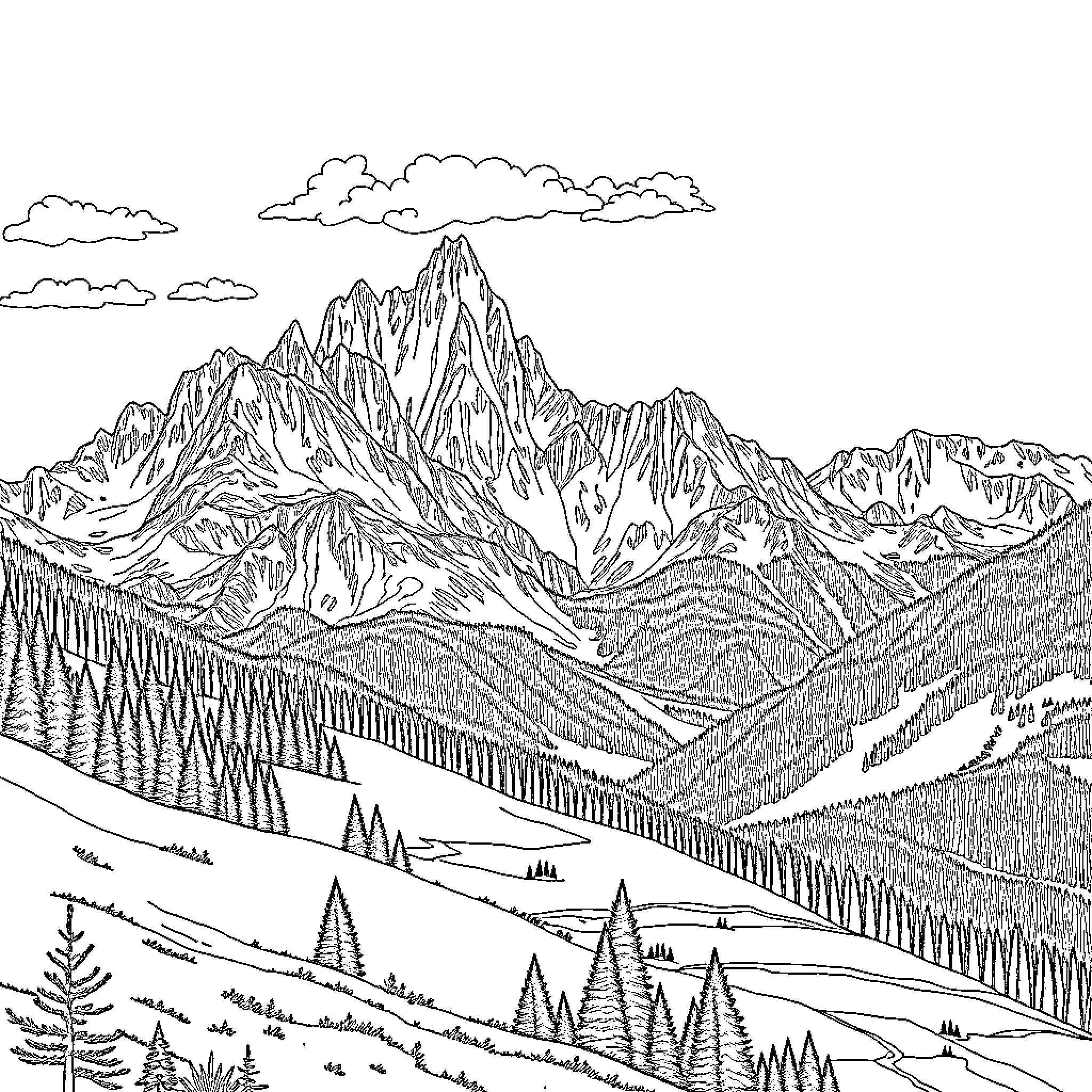 Mountain Landscape with Dramatic Peaks and Forested Hills Coloring Page (free black-and-white line drawing printable PDF for all, from beginners to advanced learners, including children, teens, adults, and seniors)
