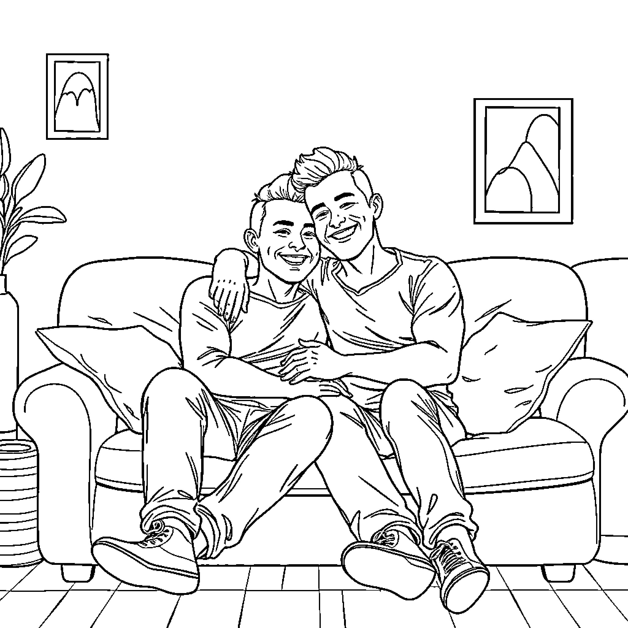 Couple relaxing comfortably on the couch Coloring Page (free black-and-white line drawing printable PDF for all, from beginners to advanced learners, including children, teens, adults, and seniors)