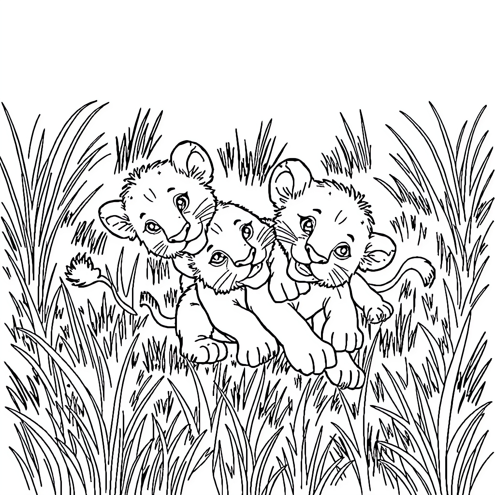 Lion cubs playing in tall grass Coloring Page (free black-and-white line drawing printable PDF for all, from beginners to advanced learners, including children, teens, adults, and seniors)