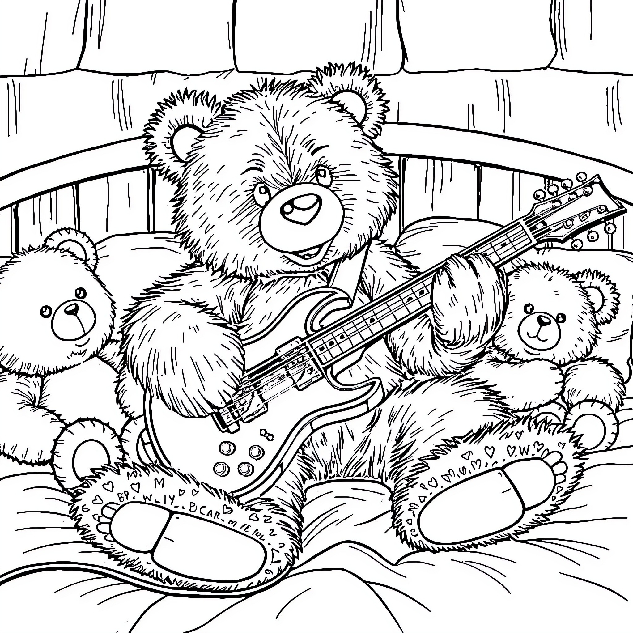 Teddy Bears Perform Musical Show Coloring Page (free black-and-white line drawing printable PDF for all, from beginners to advanced learners, including children, teens, adults, and seniors)