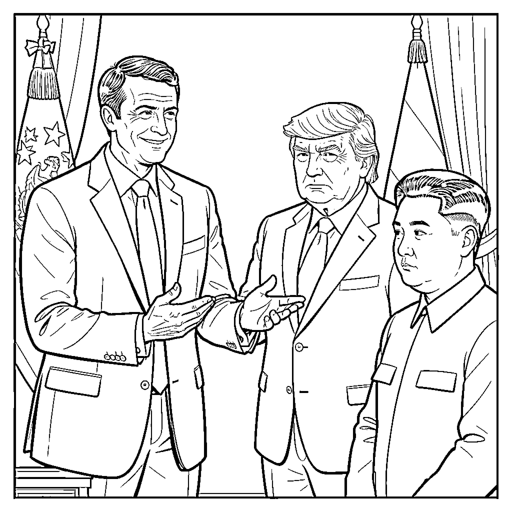 Leader presenting or introducing colleagues in formal attire Coloring Page (free black-and-white line drawing printable PDF for all, from beginners to advanced learners, including children, teens, adults, and seniors)