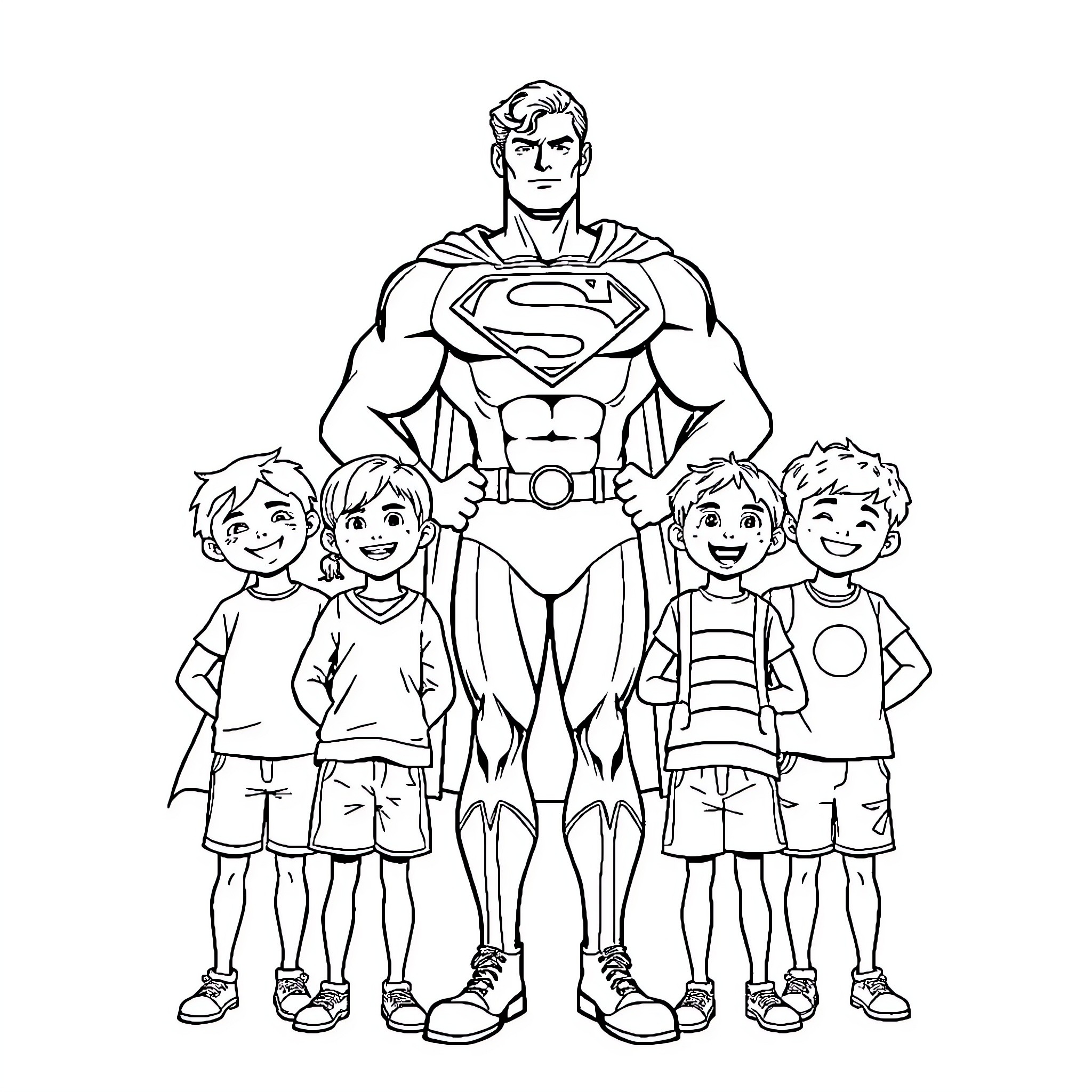 Superman protecting a group of happy children Coloring Page (free black-and-white line drawing printable PDF for all, from beginners to advanced learners, including children, teens, adults, and seniors)