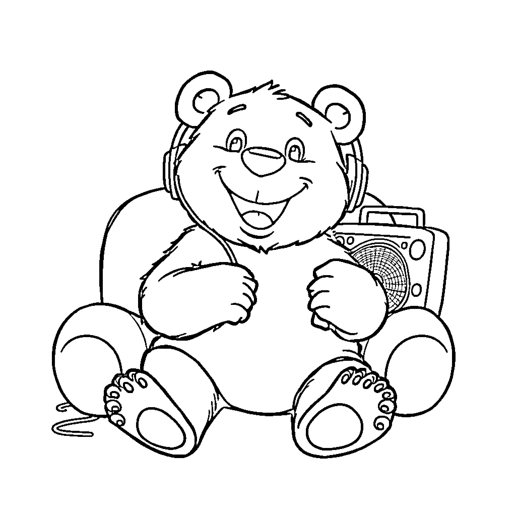 Bear rocking out with boombox Coloring Page (free black-and-white line drawing printable PDF for all, from beginners to advanced learners, including children, teens, adults, and seniors)