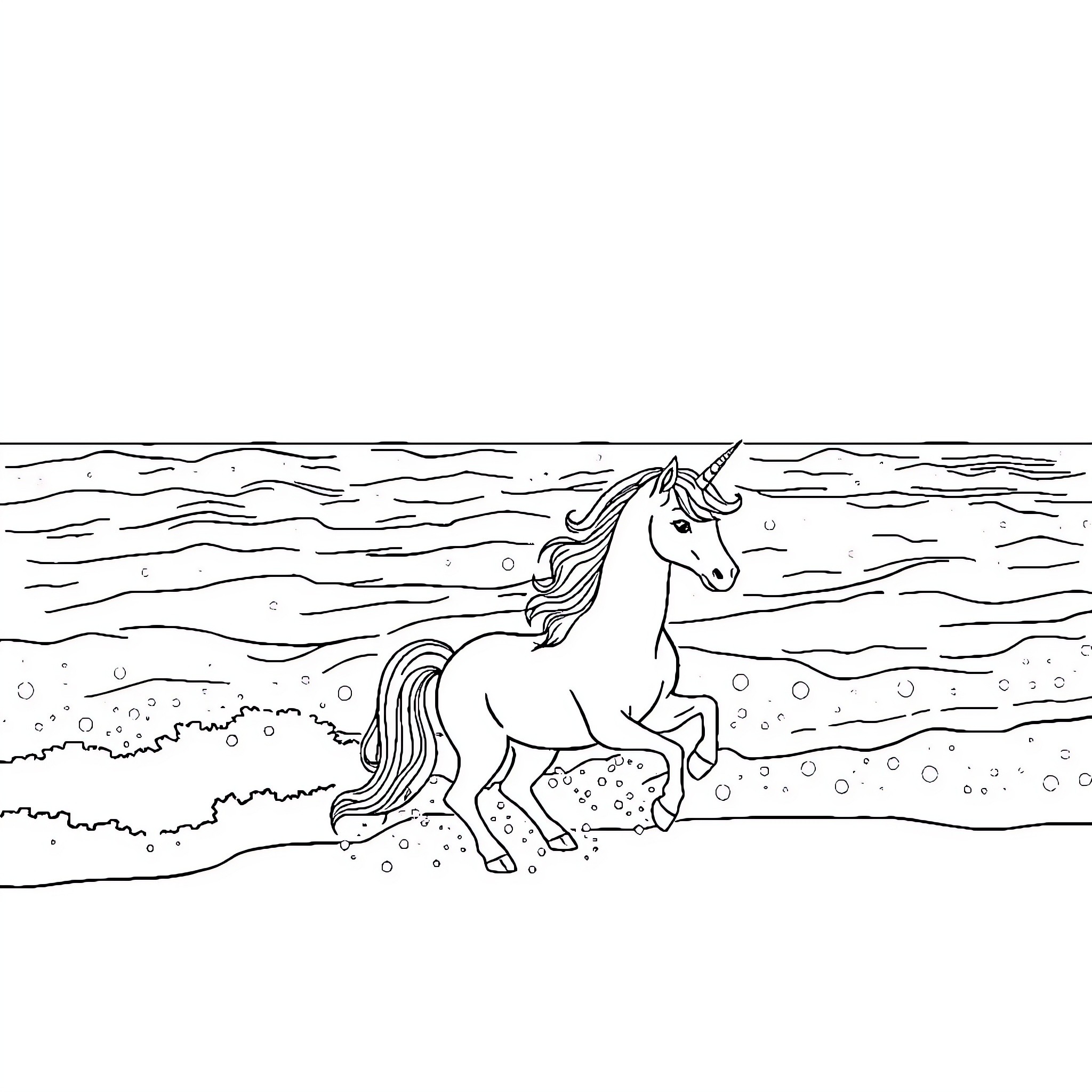 Unicorn galloping through a magical landscape Coloring Page (free black-and-white line drawing printable PDF for all, from beginners to advanced learners, including children, teens, adults, and seniors)