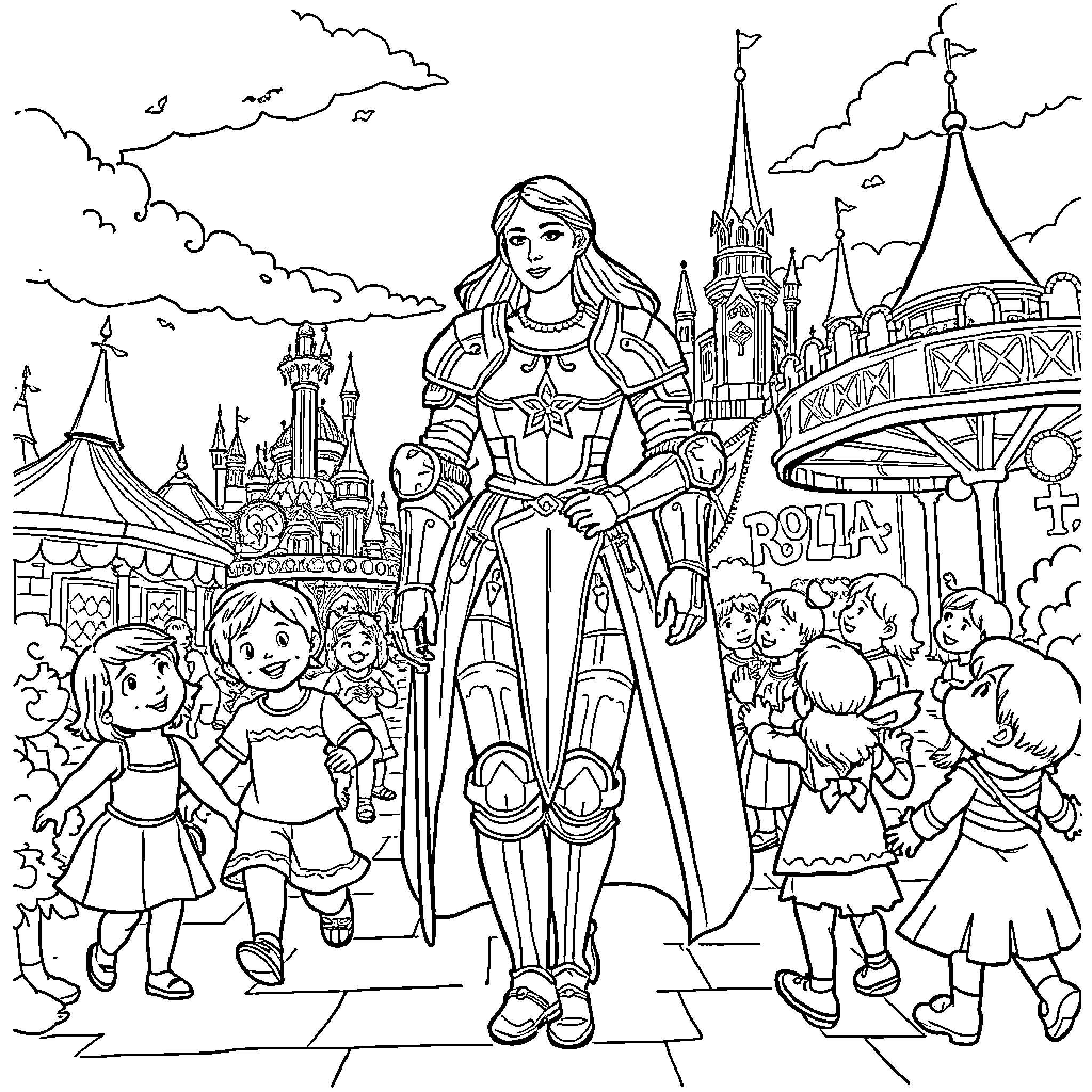 Jeanne d'Arc leading a procession through a medieval town Coloring Page (free black-and-white line drawing printable PDF for all, from beginners to advanced learners, including children, teens, adults, and seniors)
