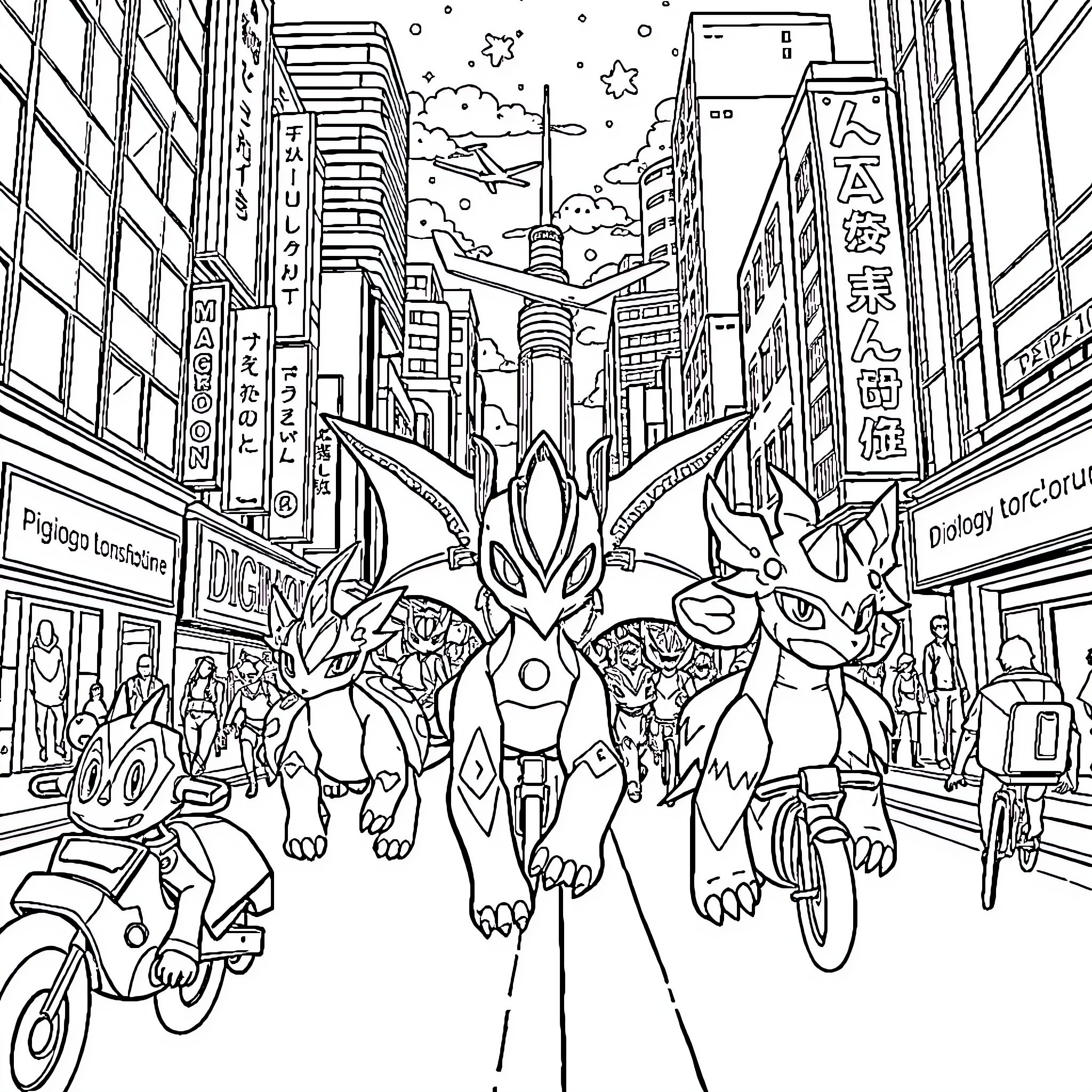 Digimon characters in a futuristic city scene Coloring Page (free black-and-white line drawing printable PDF for all, from beginners to advanced learners, including children, teens, adults, and seniors)