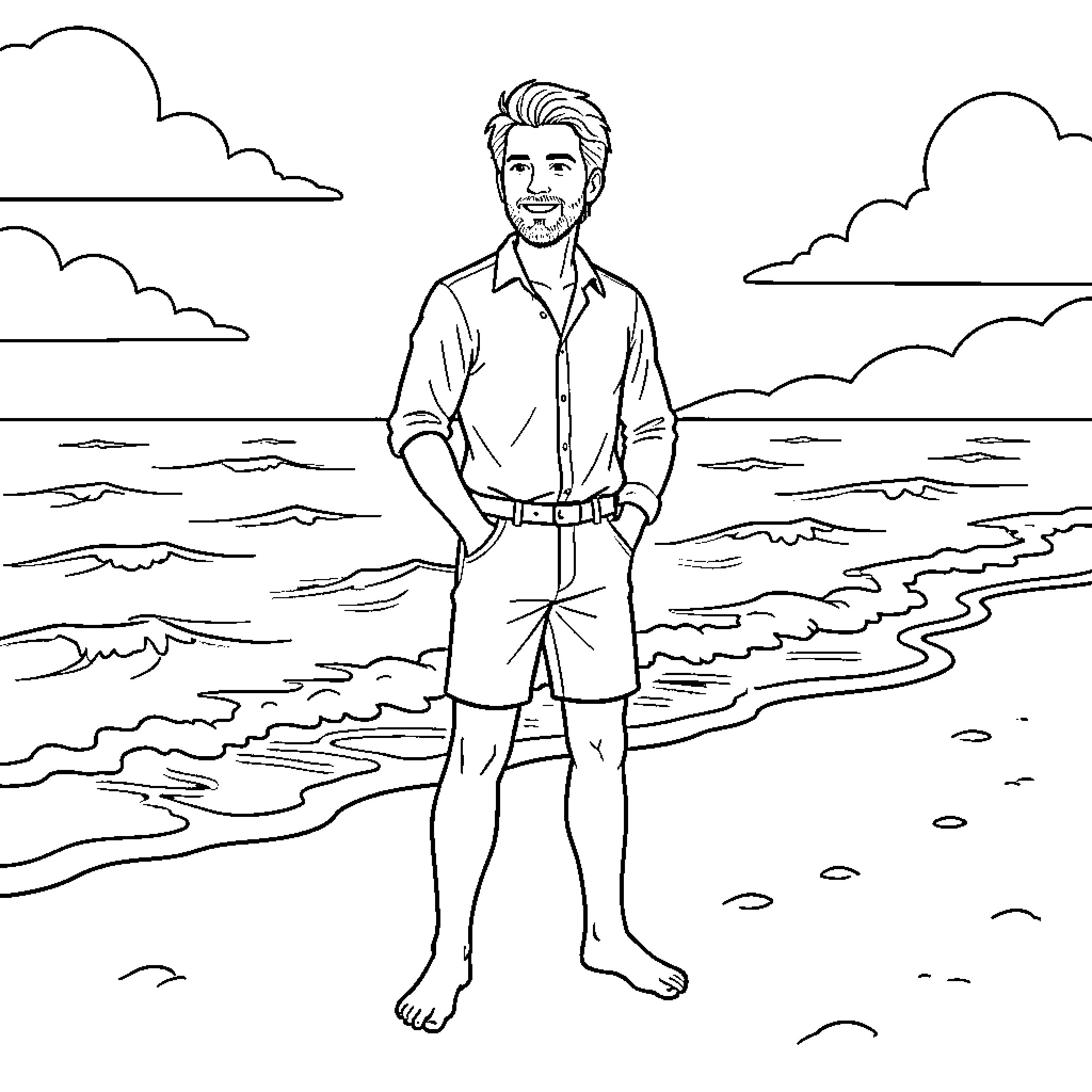 Билли Харингтон Раскраски: Человек стоит на пляже Coloring Page (free black-and-white line drawing printable PDF for all, from beginners to advanced learners, including children, teens, adults, and seniors)