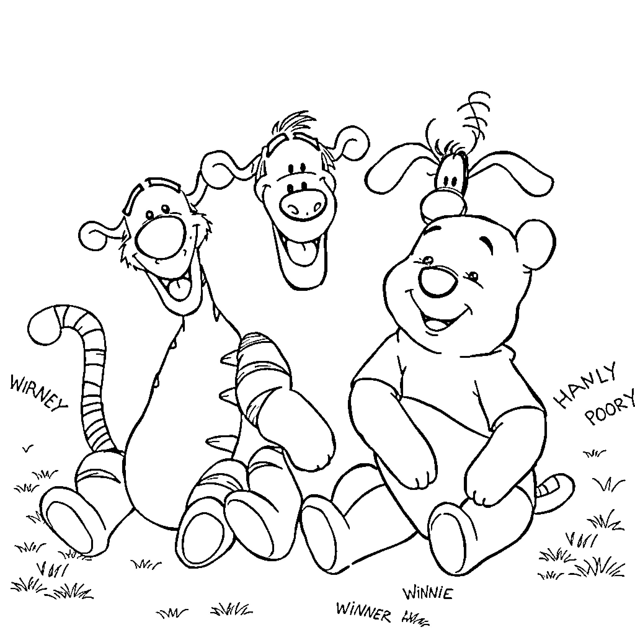Winnie The Pooh and friends having a playful adventure Coloring Page (free black-and-white line drawing printable PDF for all, from beginners to advanced learners, including children, teens, adults, and seniors)