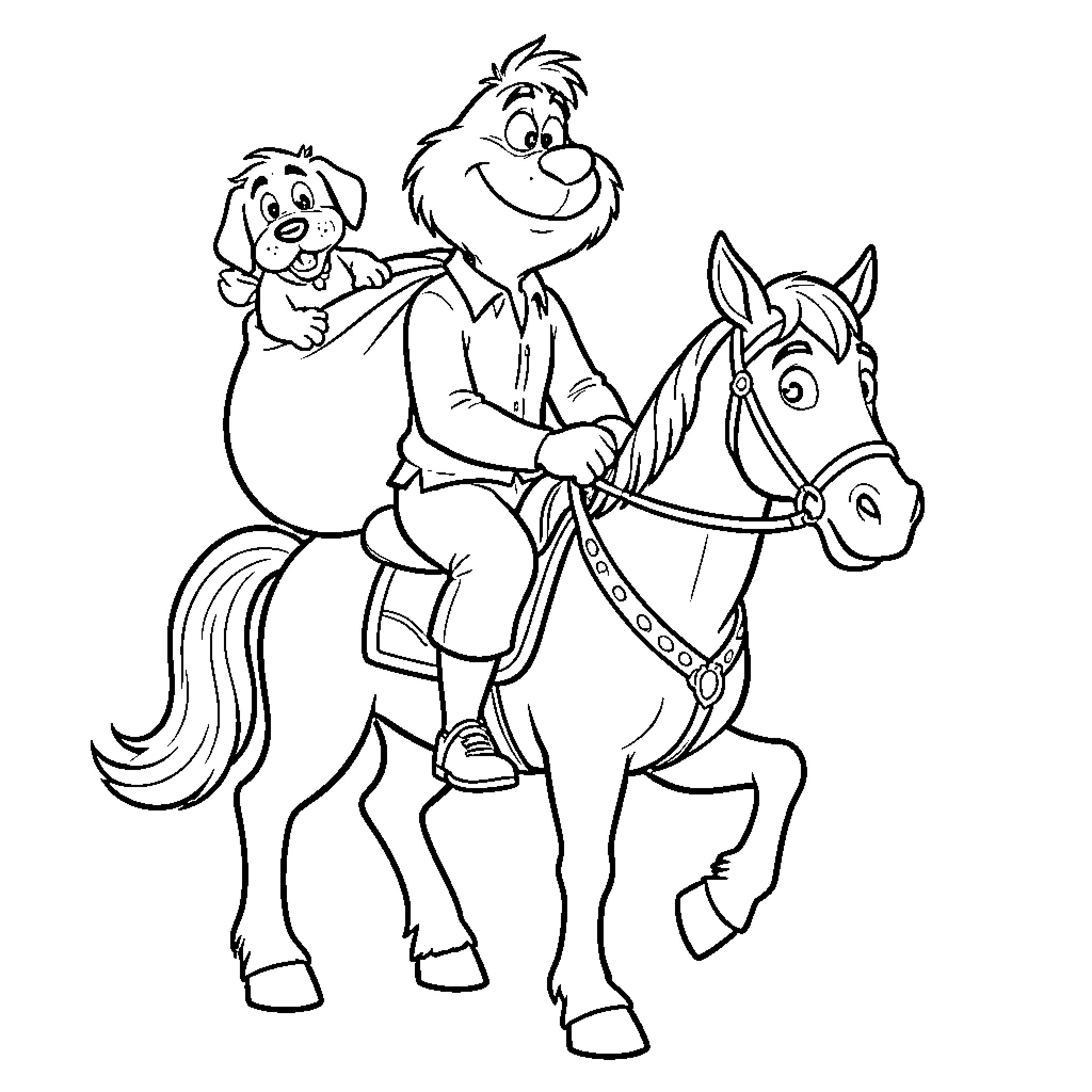 Grinch riding a horse with a dog in a sack Coloring Page (free black-and-white line drawing printable PDF for all, from beginners to advanced learners, including children, teens, adults, and seniors)