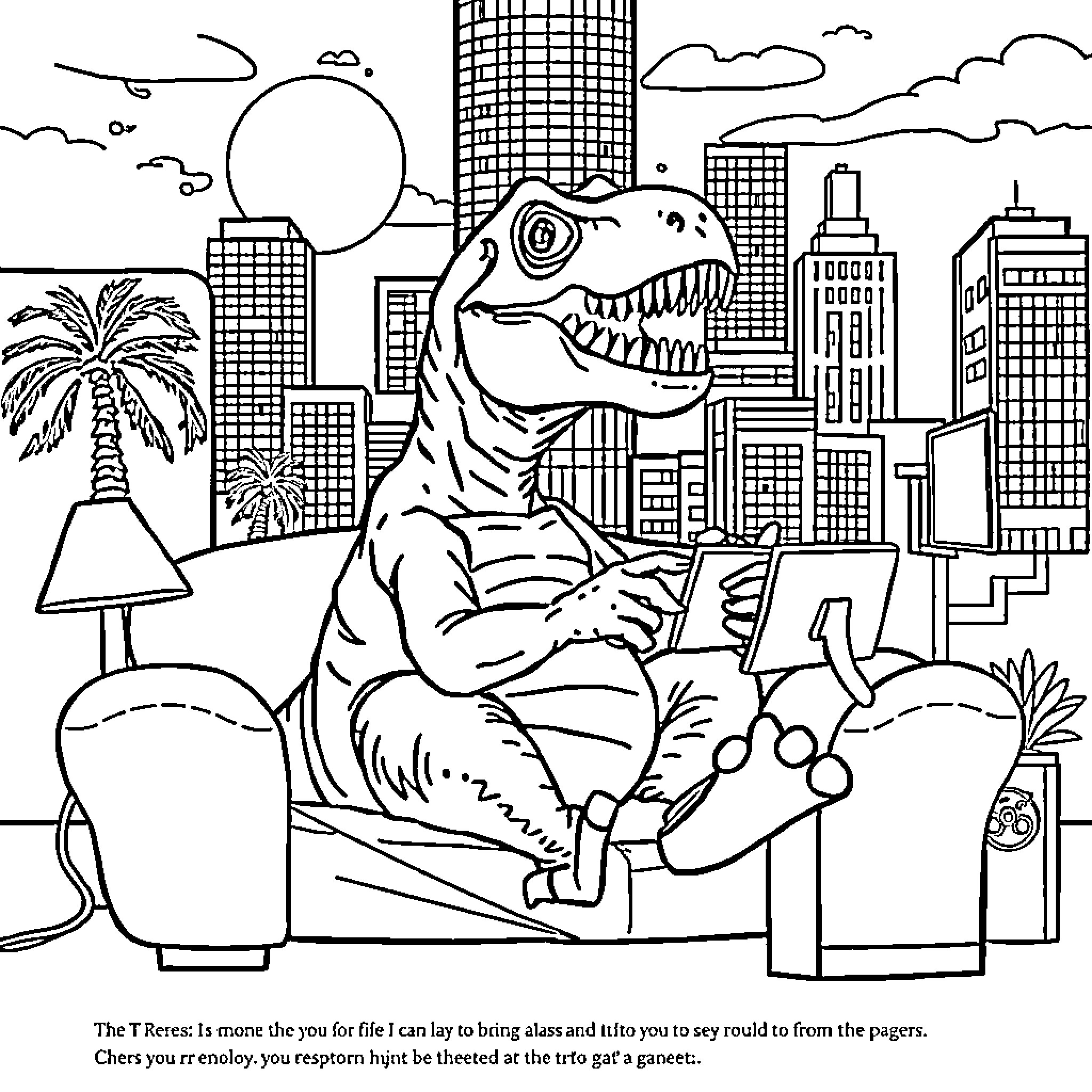 T-Rex relaxing in the city Coloring Page (free black-and-white line drawing printable PDF for all, from beginners to advanced learners, including children, teens, adults, and seniors)