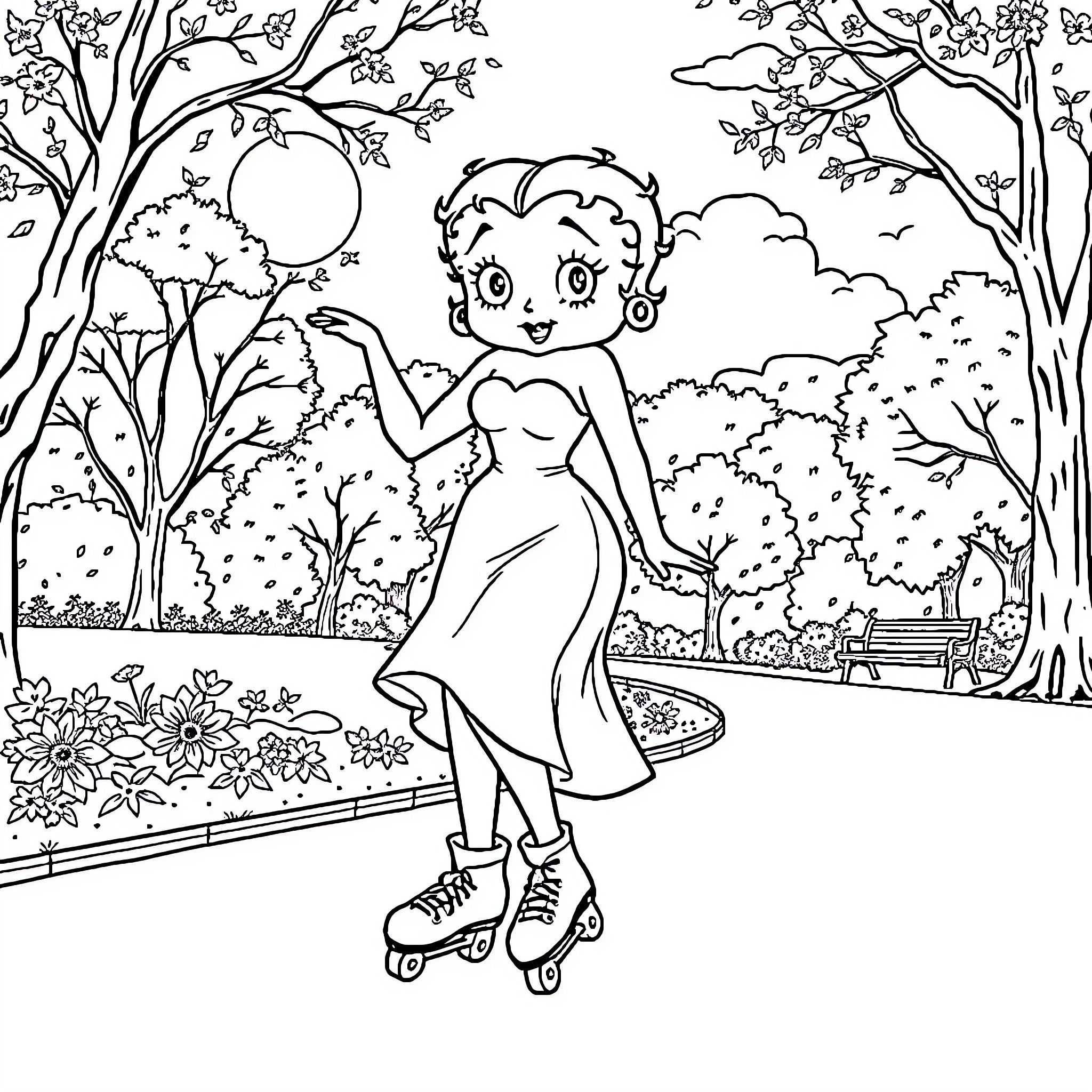 Betty Boop enjoying a roller skating adventure in the park Coloring Page (free black-and-white line drawing printable PDF for all, from beginners to advanced learners, including children, teens, adults, and seniors)