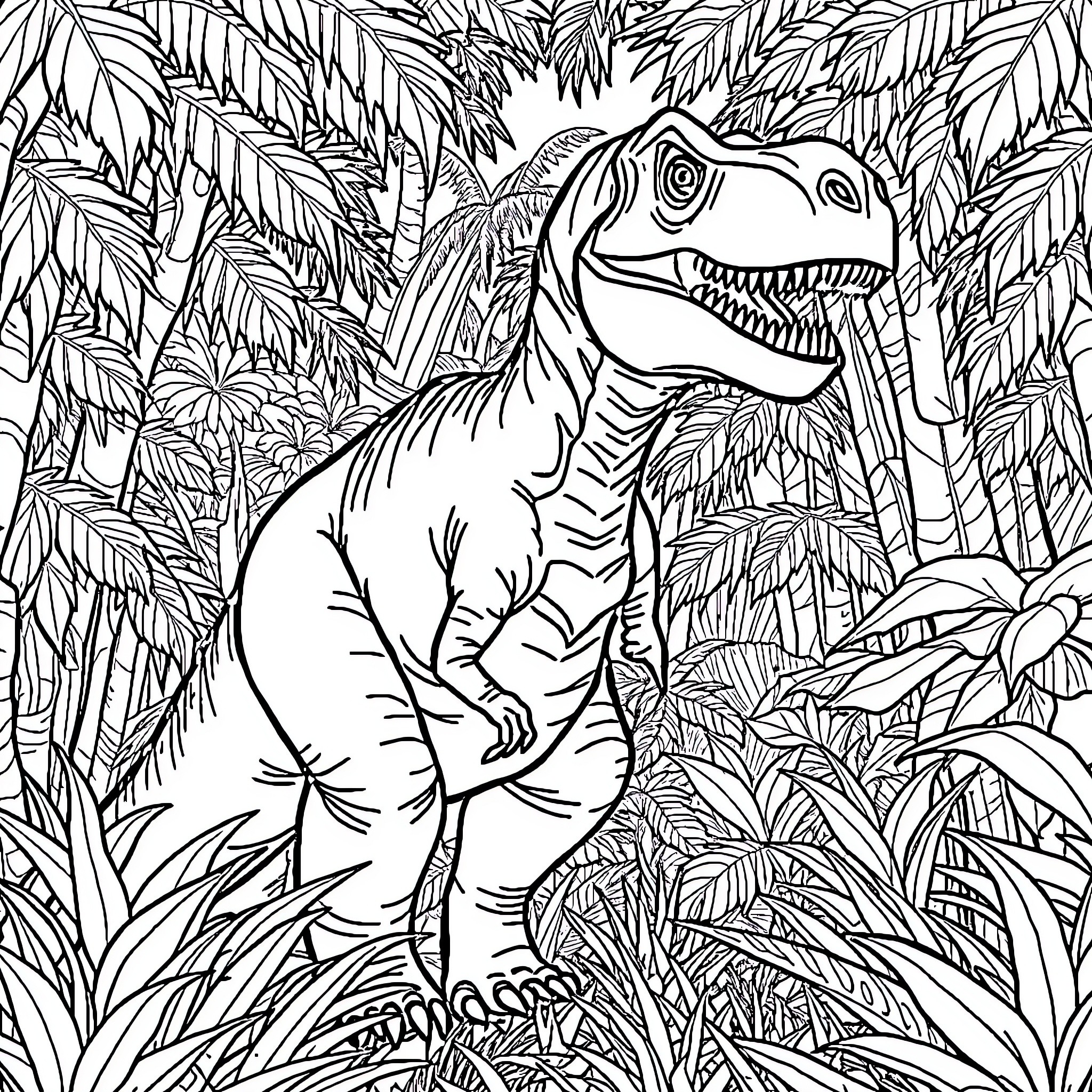 Dinosaur roaring in the lush jungle Coloring Page (free black-and-white line drawing printable PDF for all, from beginners to advanced learners, including children, teens, adults, and seniors)