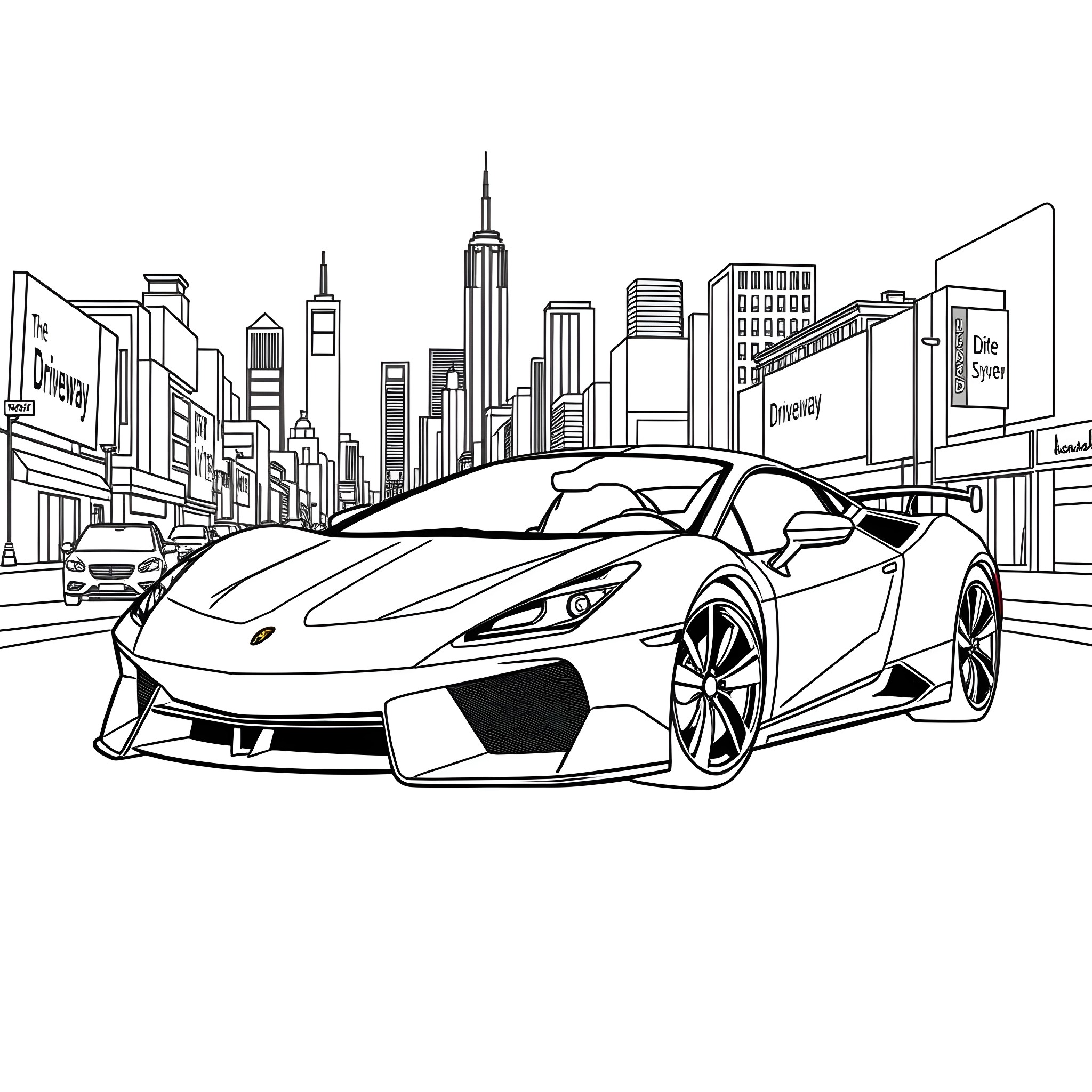 Car racing through the city skyline Coloring Page (free black-and-white line drawing printable PDF for all, from beginners to advanced learners, including children, teens, adults, and seniors)
