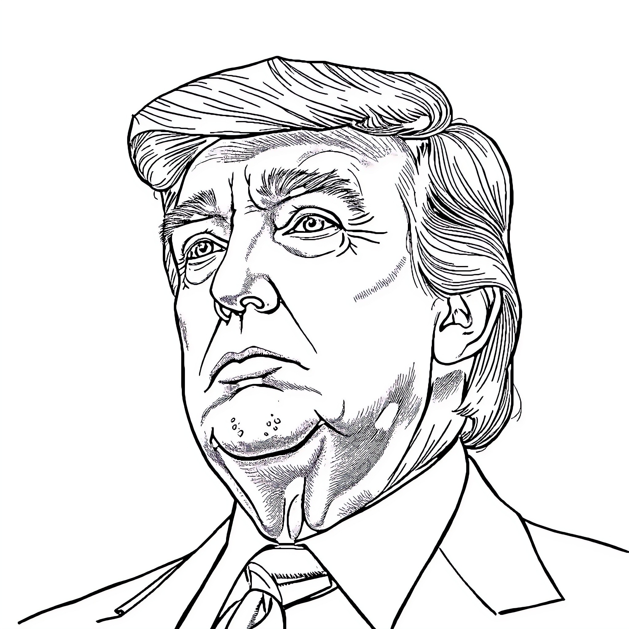 Donald Trump's Pensive Expression Coloring Page (free black-and-white line drawing printable PDF for all, from beginners to advanced learners, including children, teens, adults, and seniors)