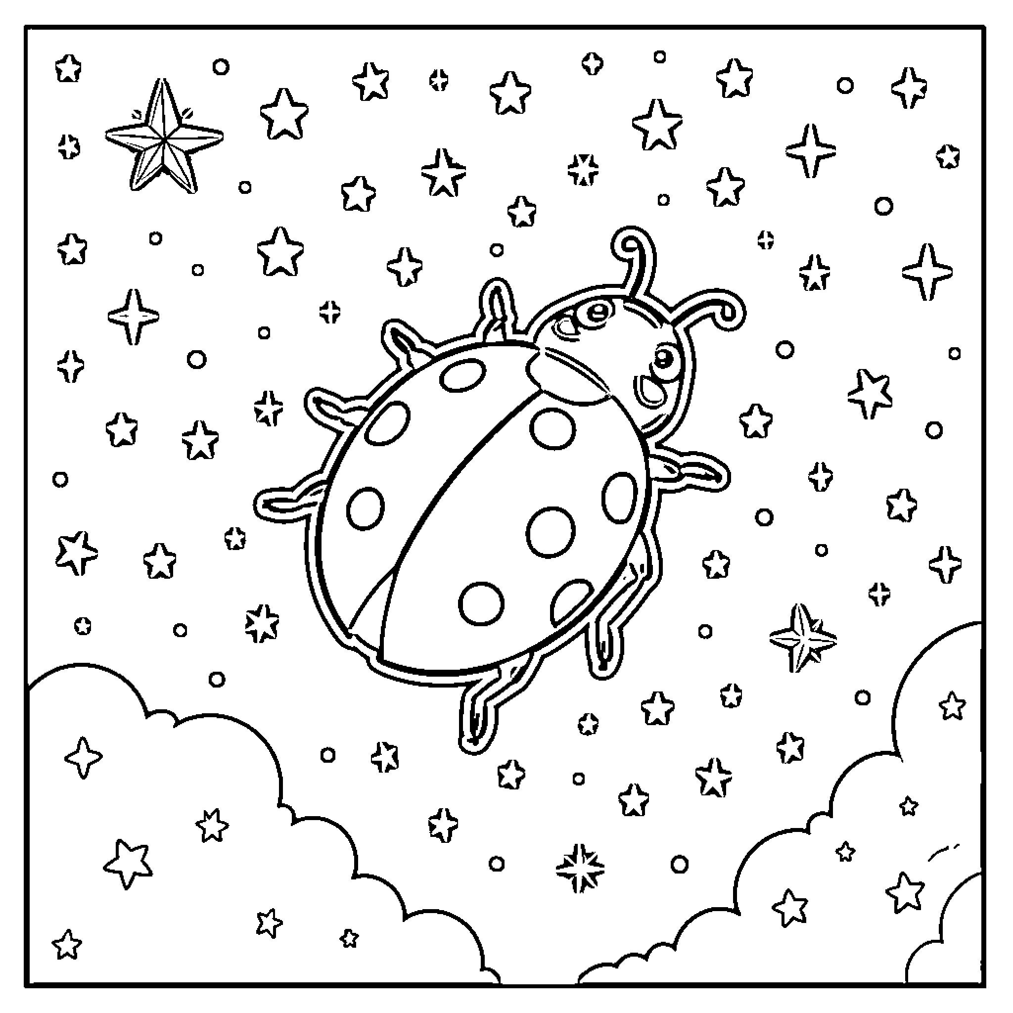 Coccinelle flying amidst stars and fluffy clouds Coloring Page (free black-and-white line drawing printable PDF for all, from beginners to advanced learners, including children, teens, adults, and seniors)